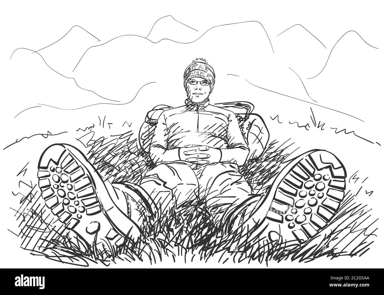 Perspective drawing of hiker man sitting on ground, with legs in trekking boots, stretched forward, and with back rested on backpack, in mountains env Stock Vector