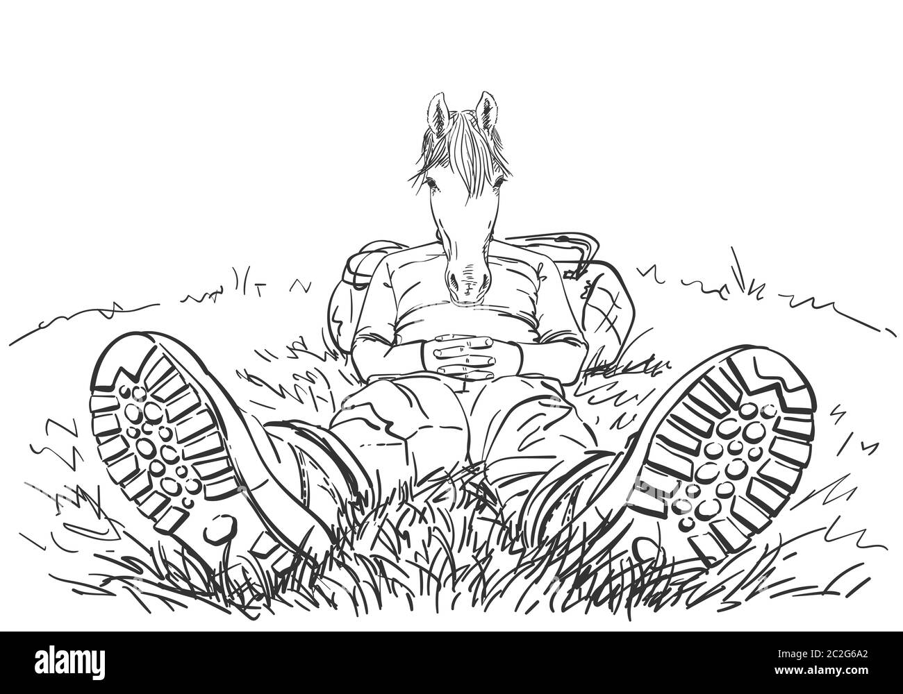 High perspective drawing of hiker with horse head sitting outdoor on ground, with legs in trekking boots, stretched forward, and with back rested on b Stock Vector
