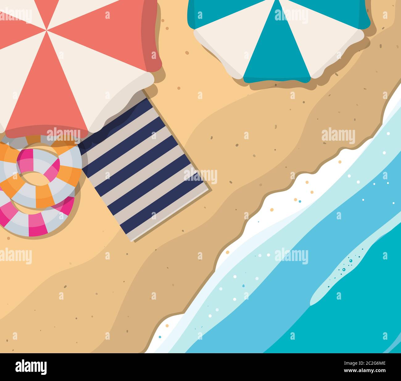 beach with umbrellas floats and towel top view design, Summer vacation ...