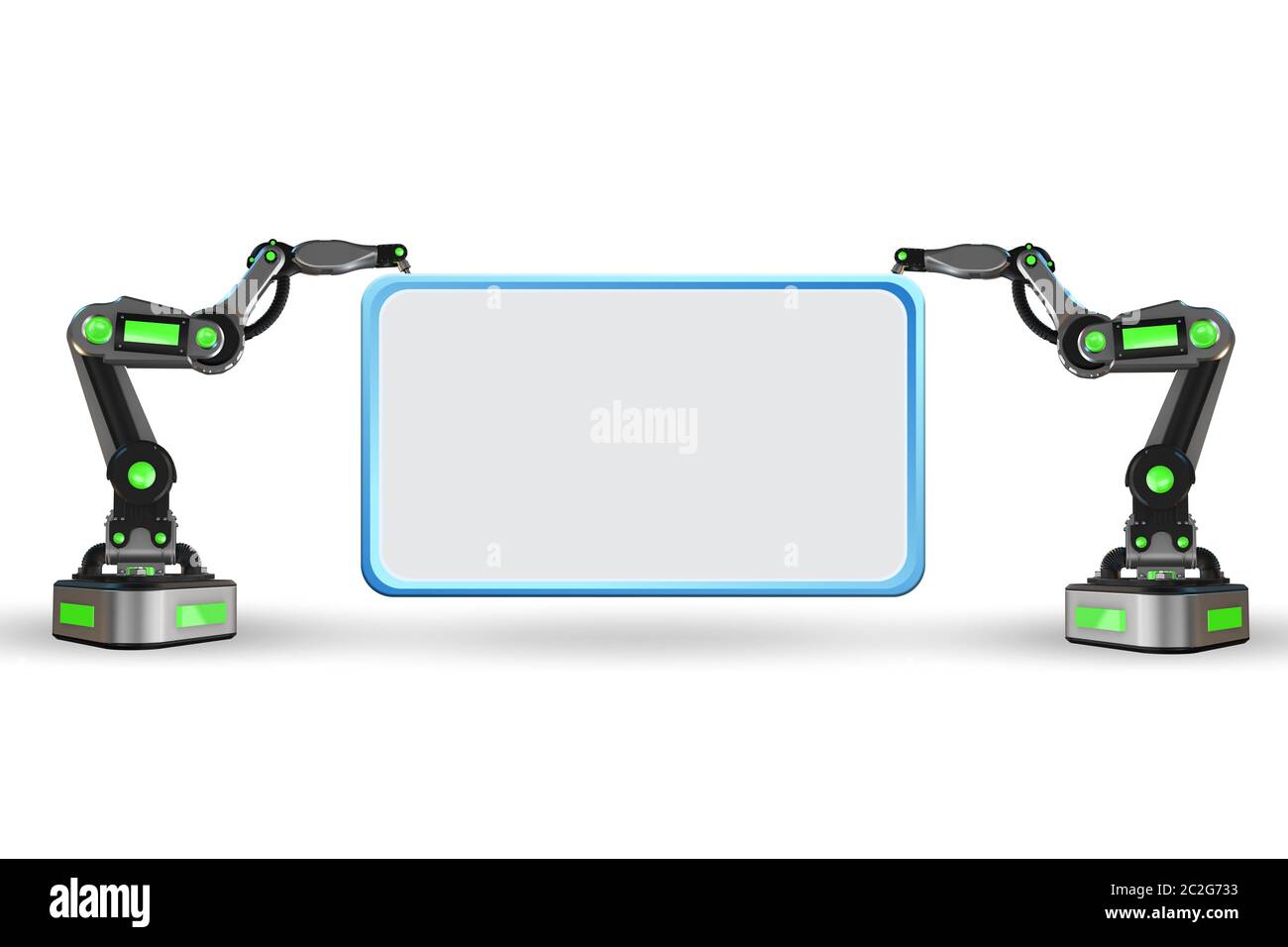 Blank poster supported by the robotic arms Stock Photo