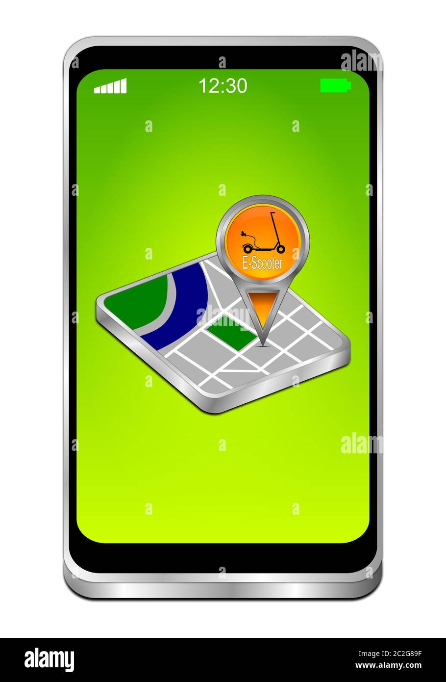 Smartphone with Map pointer with E-Scooter on green desktop - 3D ...