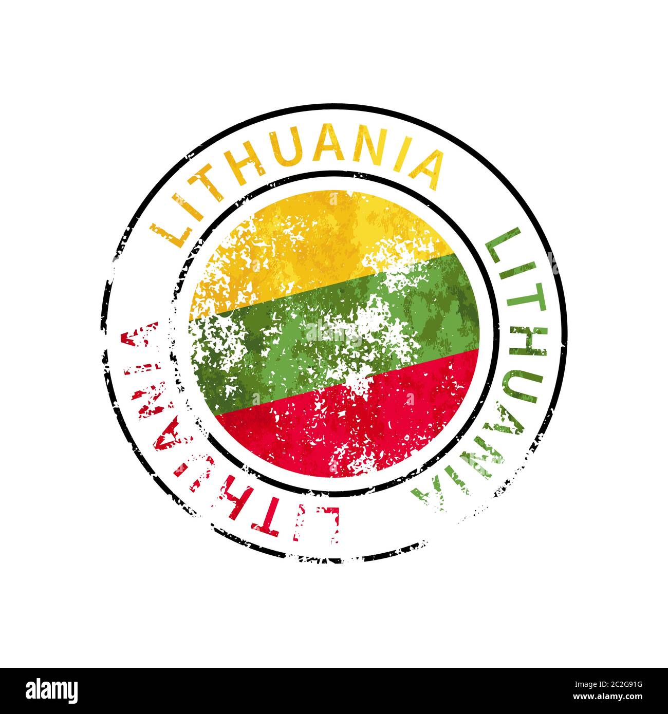 Lithuania sign, vintage grunge imprint with flag on white Stock Vector