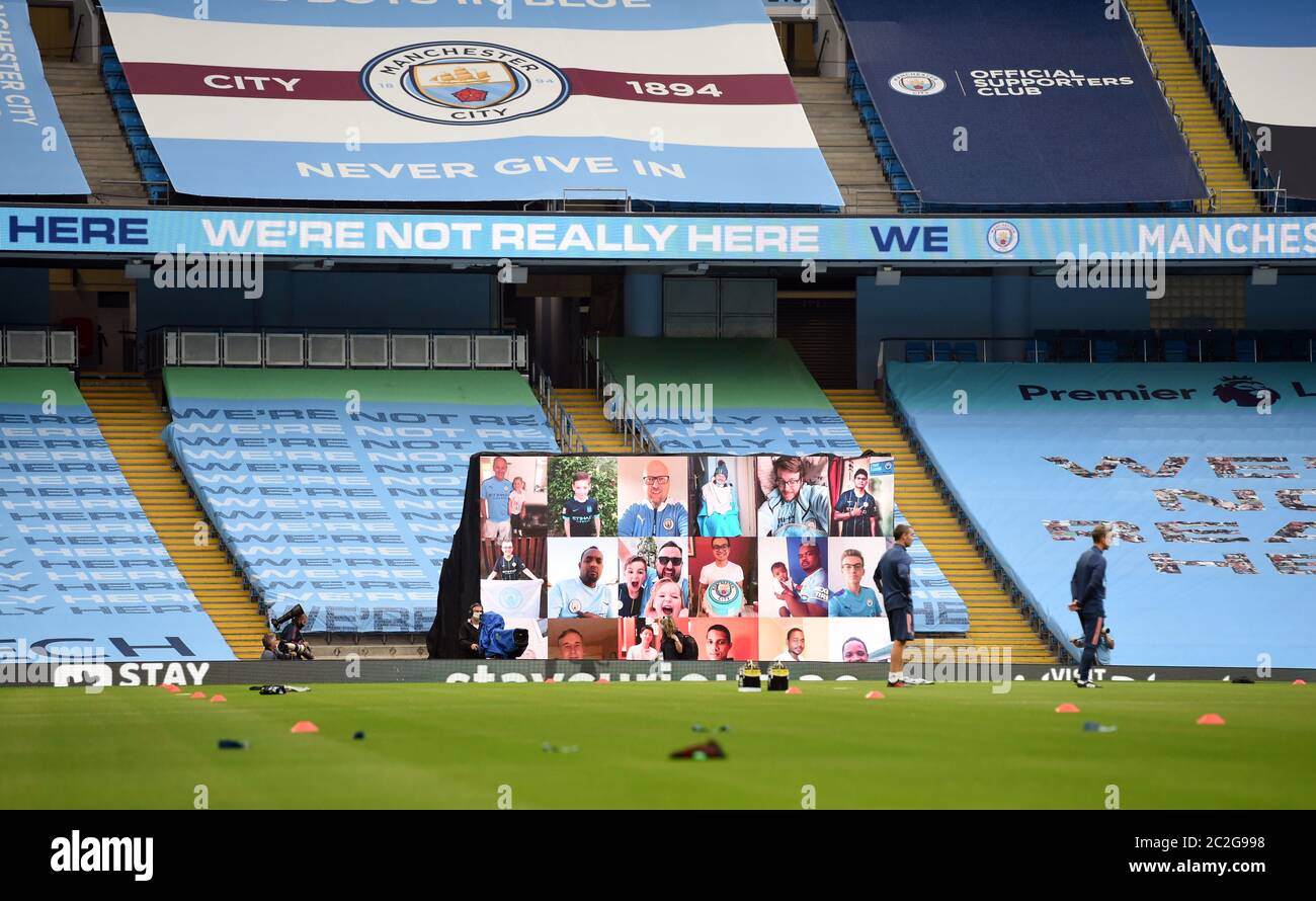 A view of the fan wall screen during the Premier League match at the Etihad Stadium, Manchester