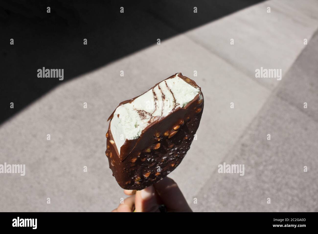 Ice cream with vanilla, chocolate and nuts / almonds Stock Photo