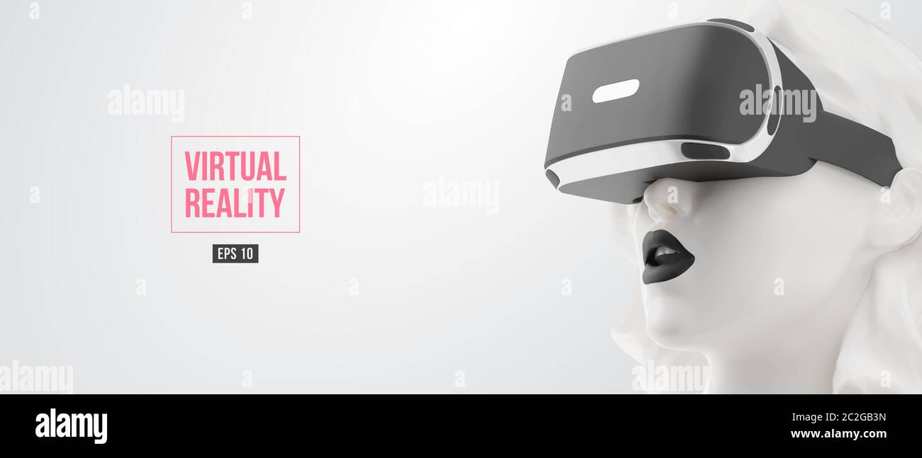 VR headset, online shopping. Woman, wearing virtual reality glasses on