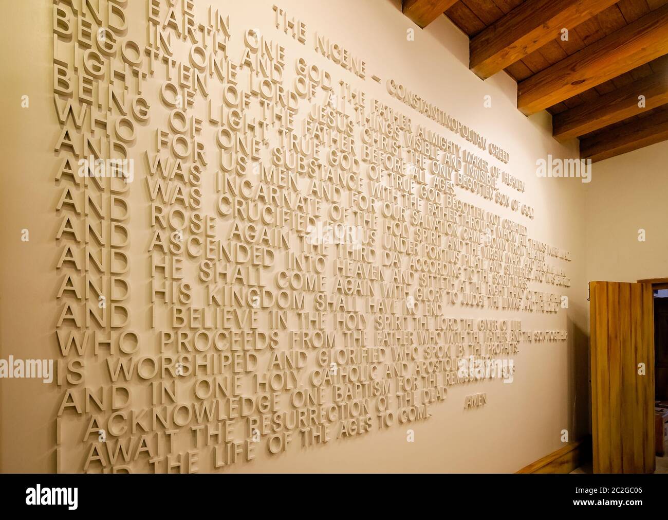 The Nicene Creed, also called the Nicaeno-Constantinopolitan Creed, is inscribed on the wall at St. Photios National Shrine in St. Augustine, Florida. Stock Photo