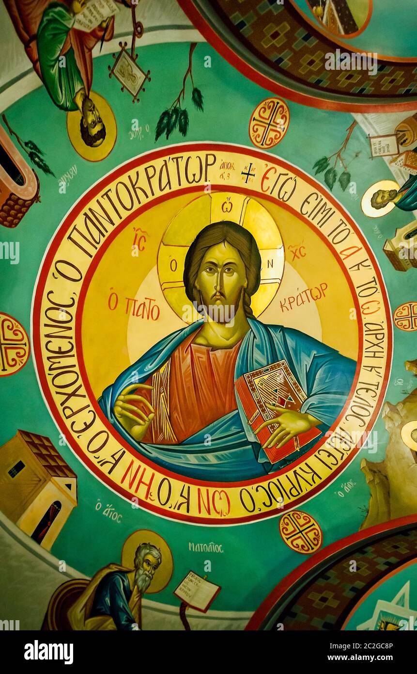 Christ Pantocrator is pictured on an icon at St. Photios National Shrine in St. Augustine, Florida. Stock Photo