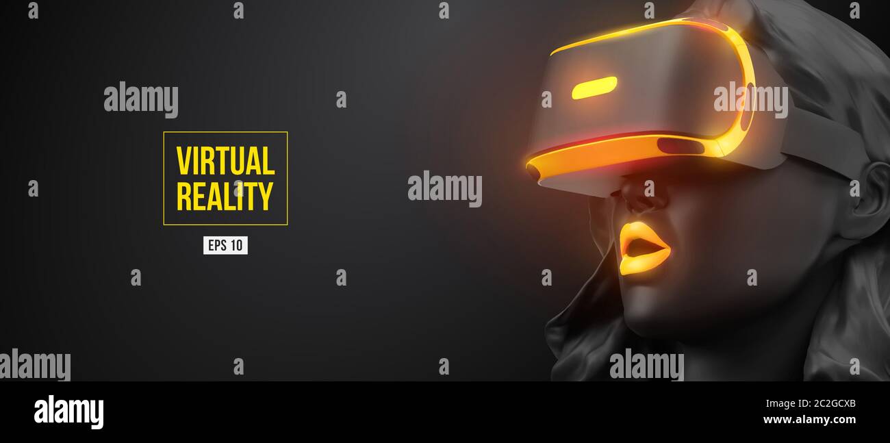 VR headset, online shopping. Woman, wearing virtual reality glasses on