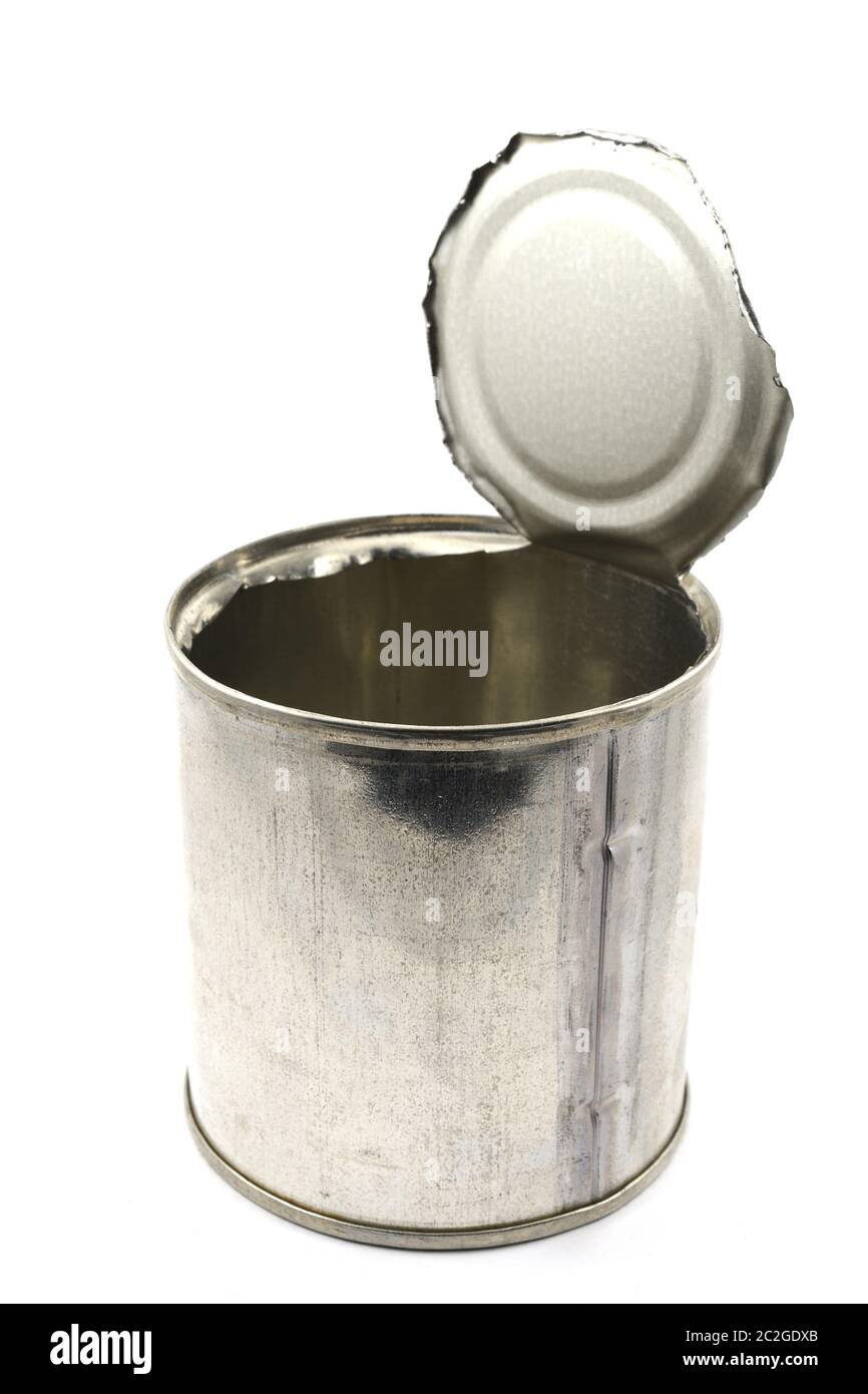 empty tin can on a white background Stock Photo