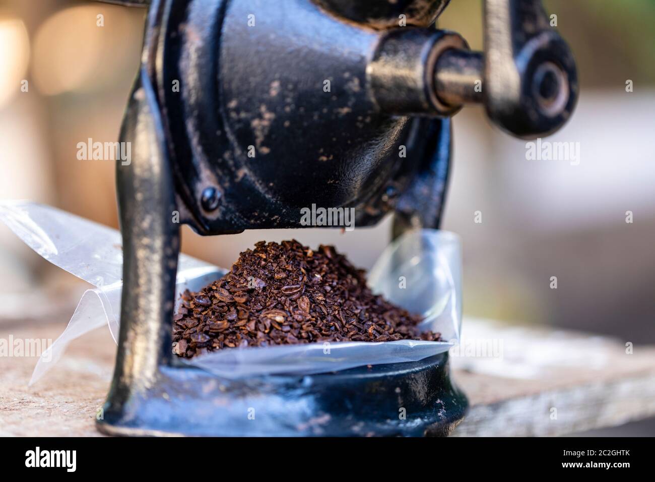Ground coffee in the manual grinder Stock Photo Alamy
