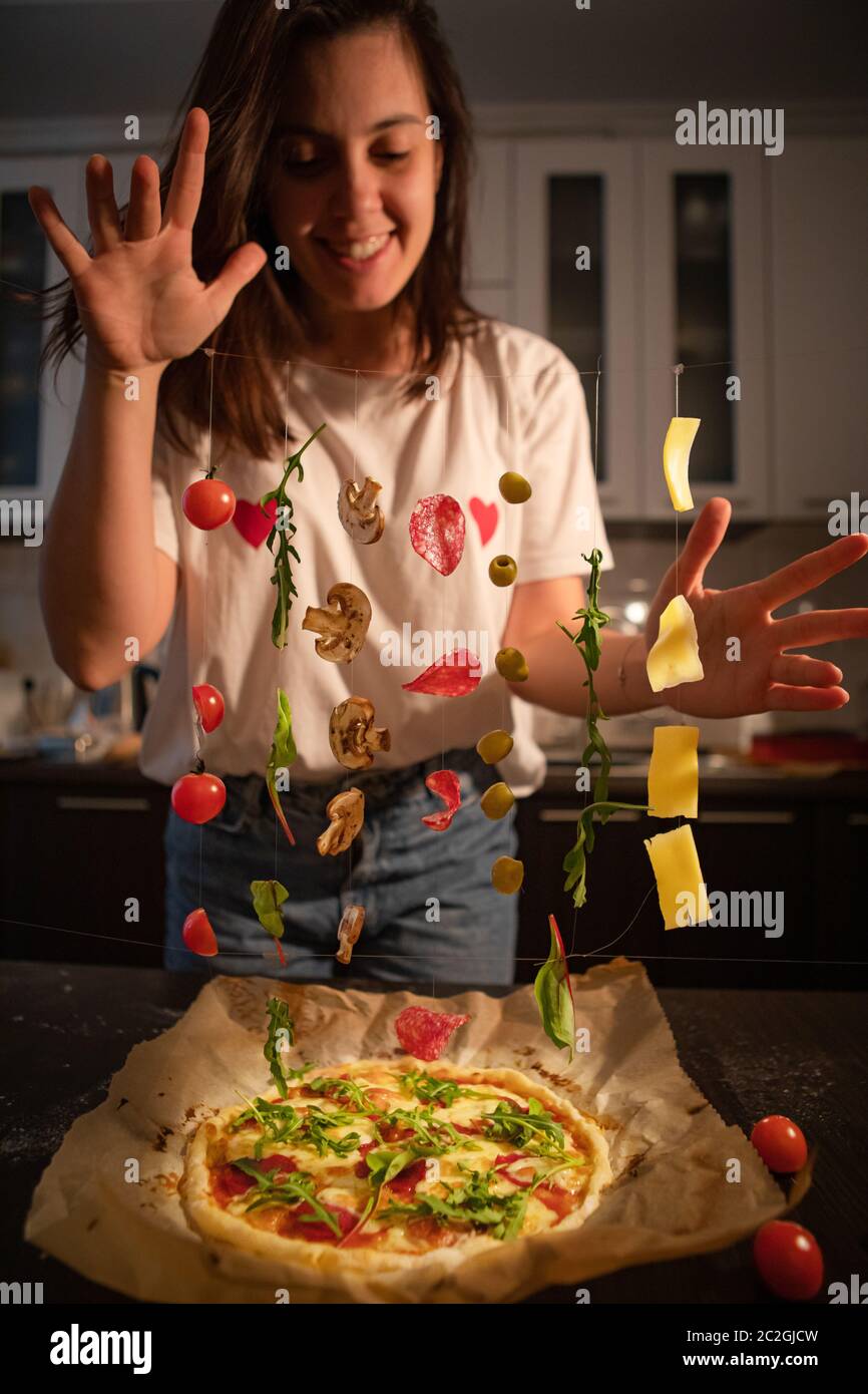 Woman Making Pizza Ingredients Like Salami Mushrooms Olive Cheese Freeze In Air Stock Photo Alamy,1 12 Scale Miniature Free 1 12 Scale Printable Miniature Food Templates