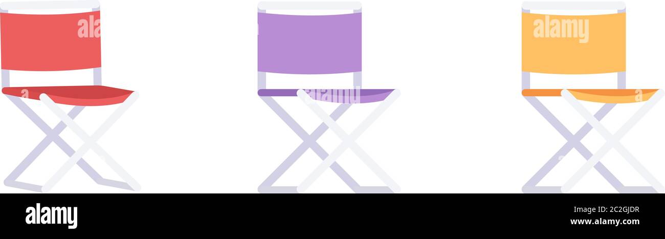 Colorful folding chairs semi flat RGB color vector illustration set Stock Vector