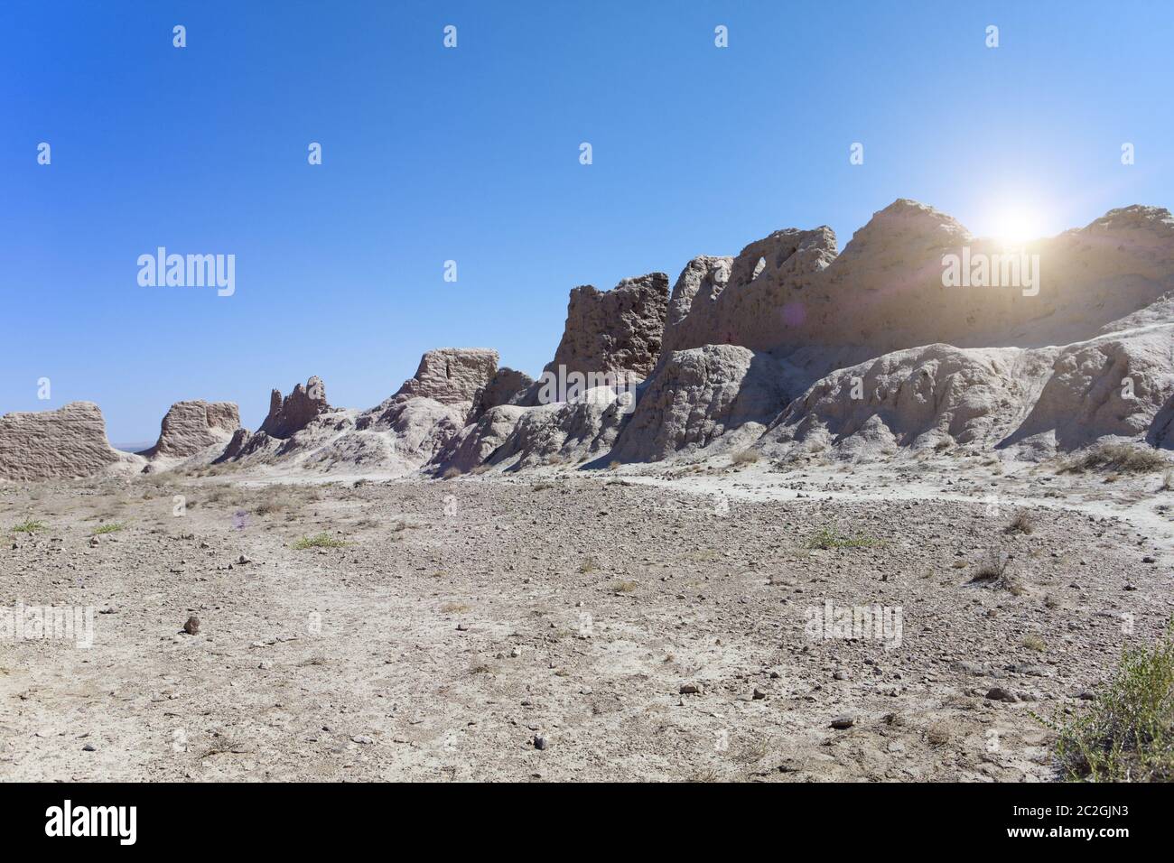 ruins of fortress Ayaz Kala (“Ice Fortress”) ancient Khorezm, in the Kyzylkum desert in Uzbekistan Stock Photo