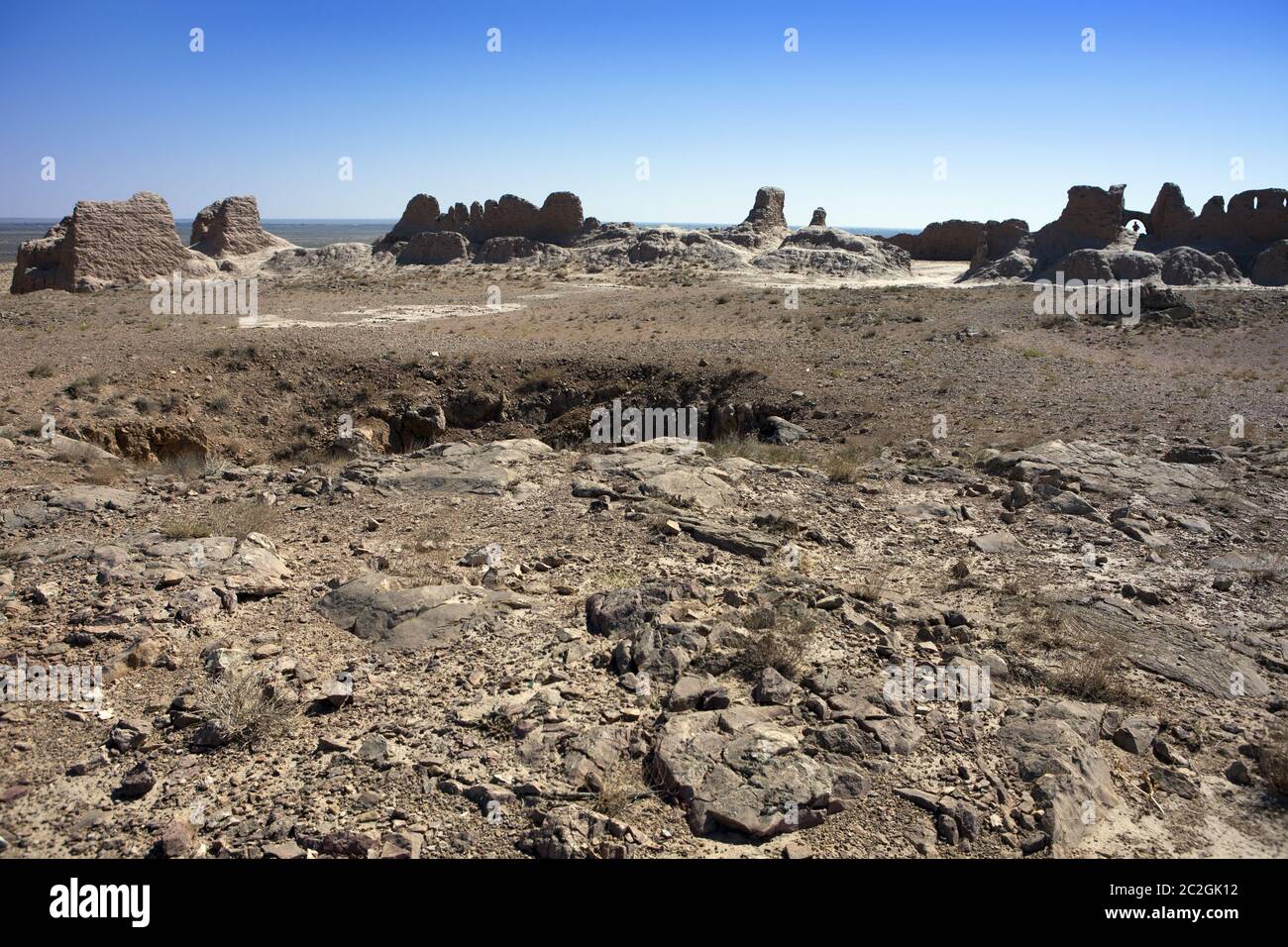 ruins of fortress Ayaz Kala (“Ice Fortress”) ancient Khorezm, in the Kyzylkum desert in Uzbekistan Stock Photo