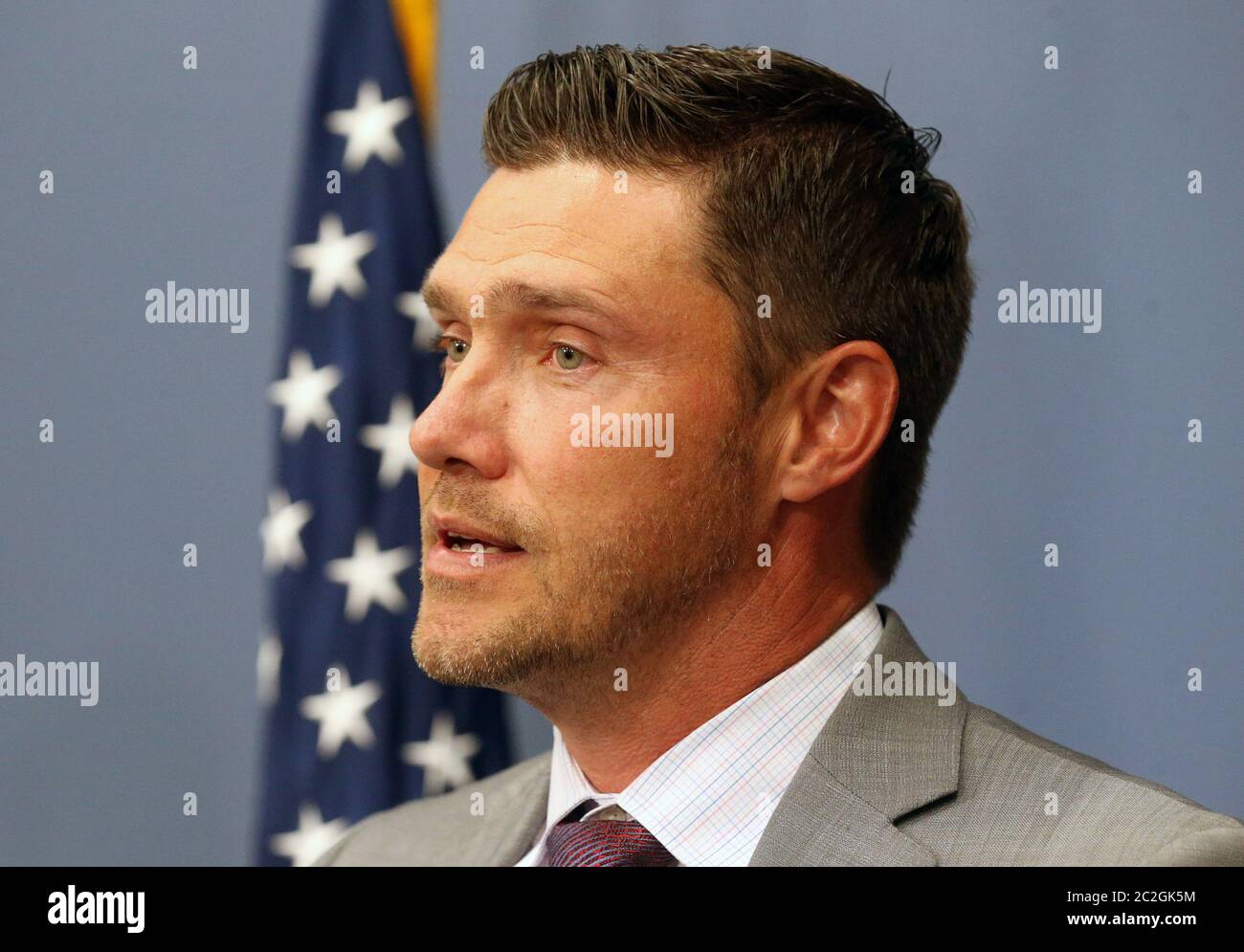 St. Charles (Missouri) County Prosecutor Tim Lohmar announces charges against former Florissant, Missouri police officer Joshua Smith, during a press conference in O'Fallon, Missouri on Wednesday, June 17, 2020. Smith has been charged with first-degree assault, armed criminal action and fourth-degree assault after a residential surveillance camera captured him strike a man with his police SUV on June 2, 2020. The victim was struck by Smith after getting out of a car that was suspect in a shots fired call. Photo by Bill Greenblatt/UPI Stock Photo