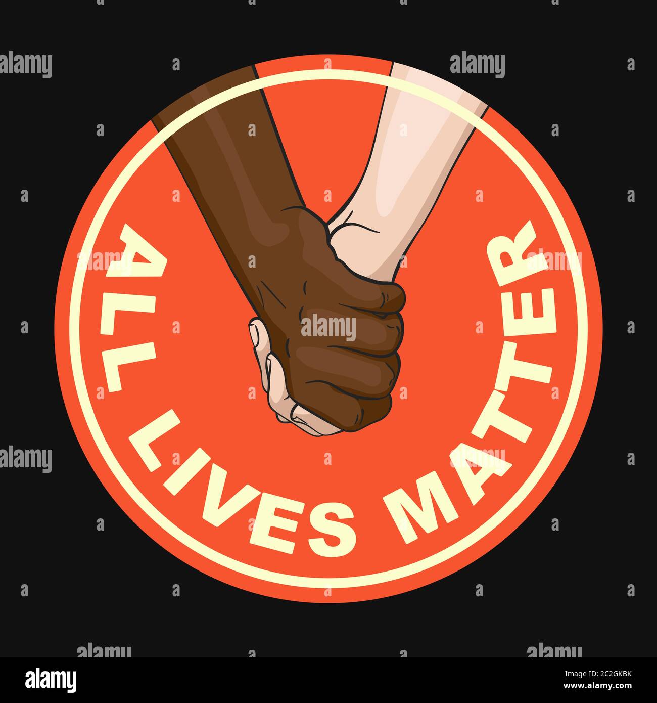 All Lives Matter round sign with multiracial couple holding hands, Friendship concept between multiethnic people. Vector illustration can be used as s Stock Vector