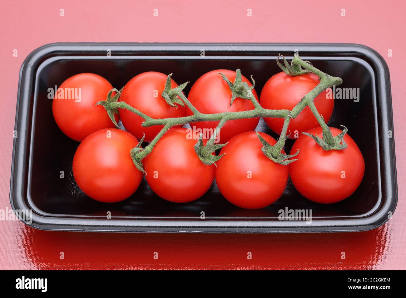 branch of cherry tomatoes in a plastic pack, red background Stock Photo