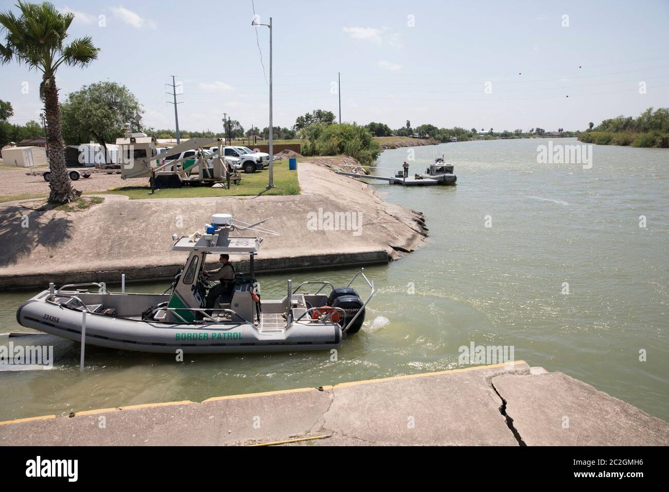 Weslaco, Texas USA, April 12, 2018 U.S. Border Patrol boats, putting in at Anzalduas Park