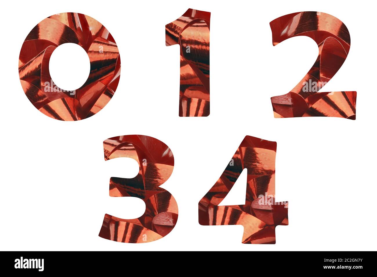 A set of the numbers 0,1,2,3 and 4 cut out of a close-up of a red gift ribbon Stock Photo