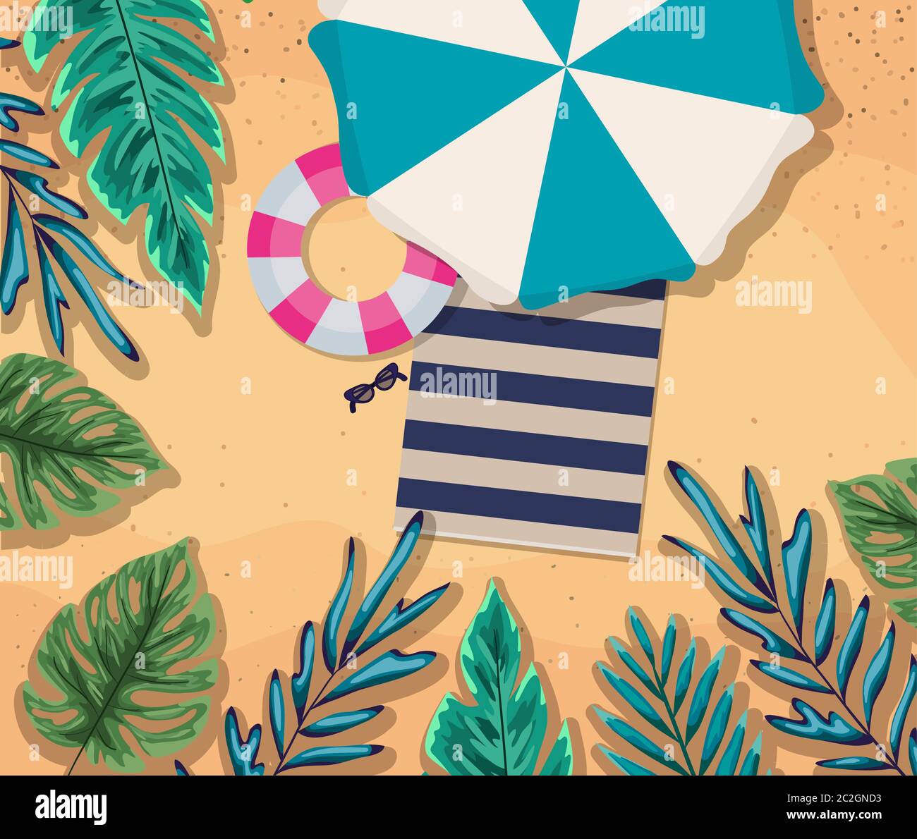 beach with umbrella float and towel top view design, Summer vacation ...