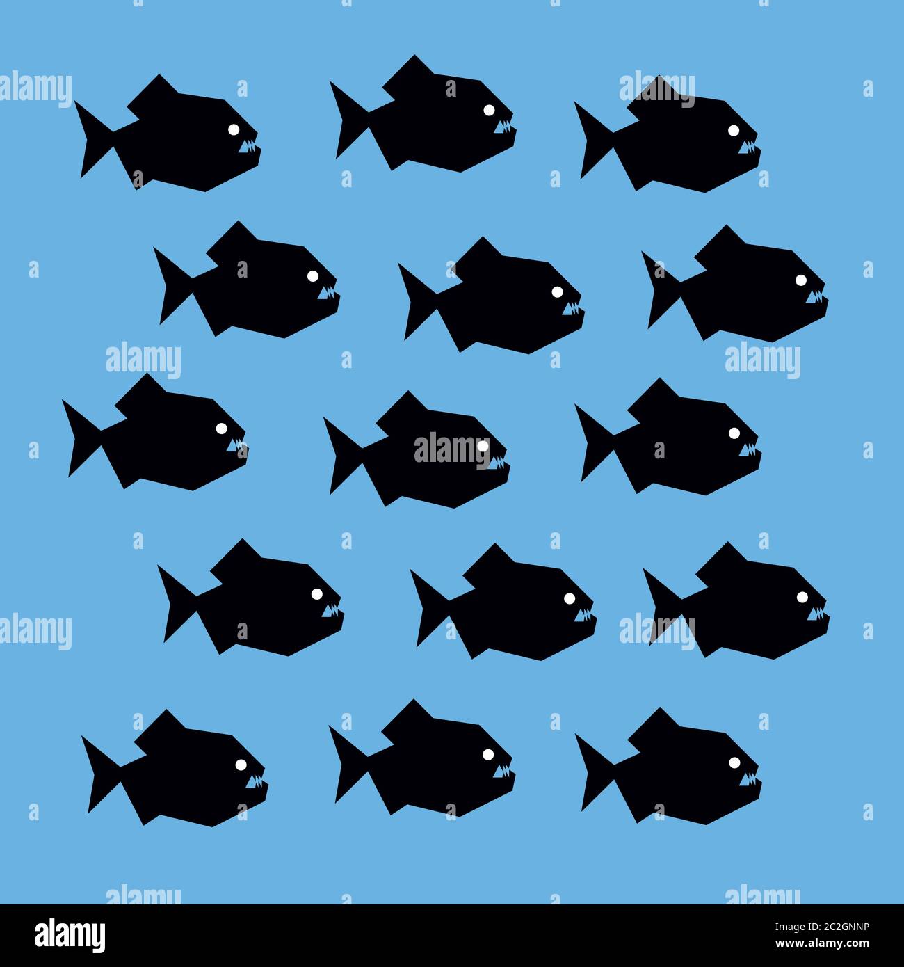 Vector stylized graphic illustration of a shoal of piranha fish. Black silhouettes of scary creatures with big teeth and white eyes. Square format, bl Stock Vector