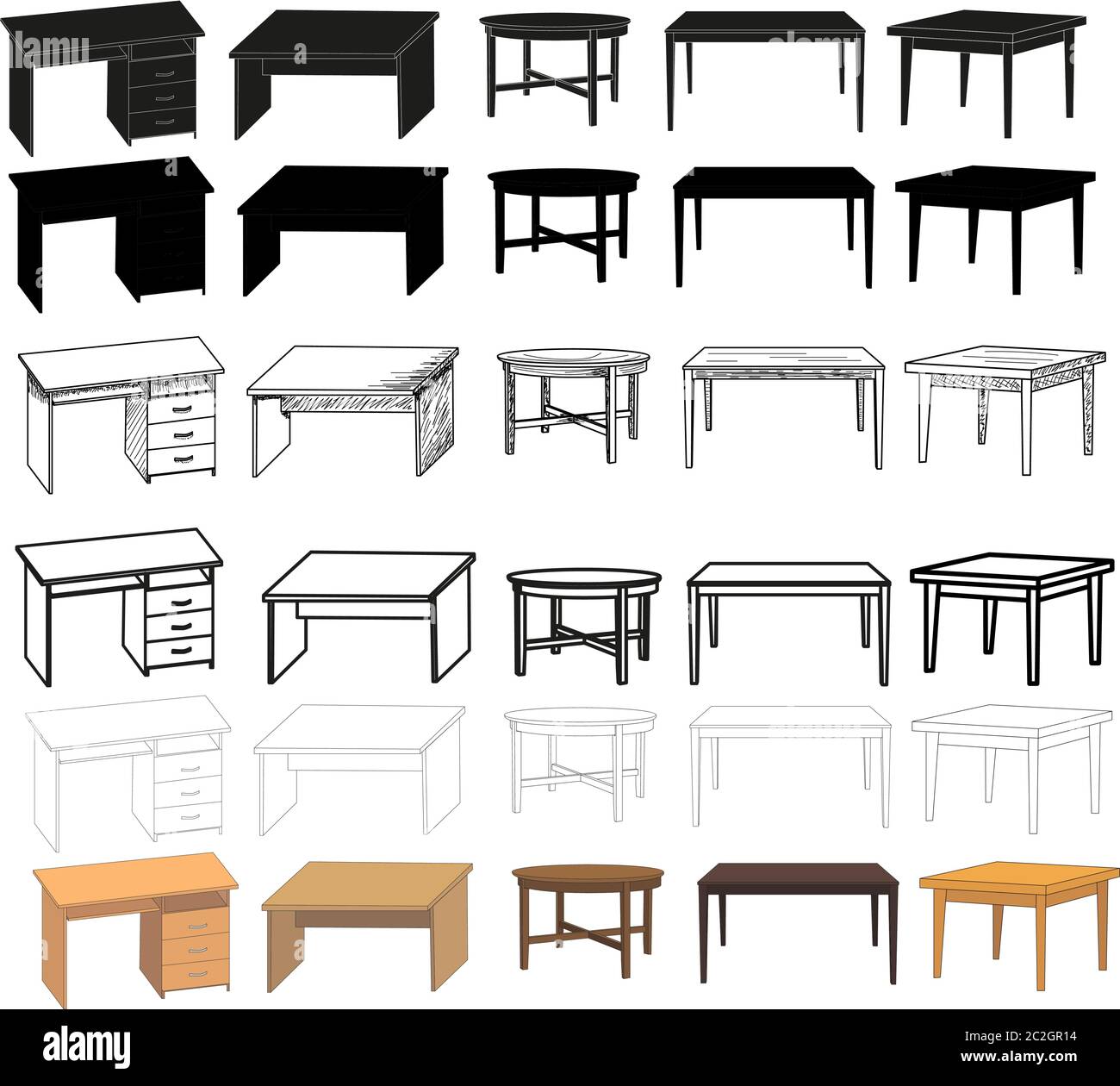 vector, isolated desk, sketch of a table, collection, set of ...
