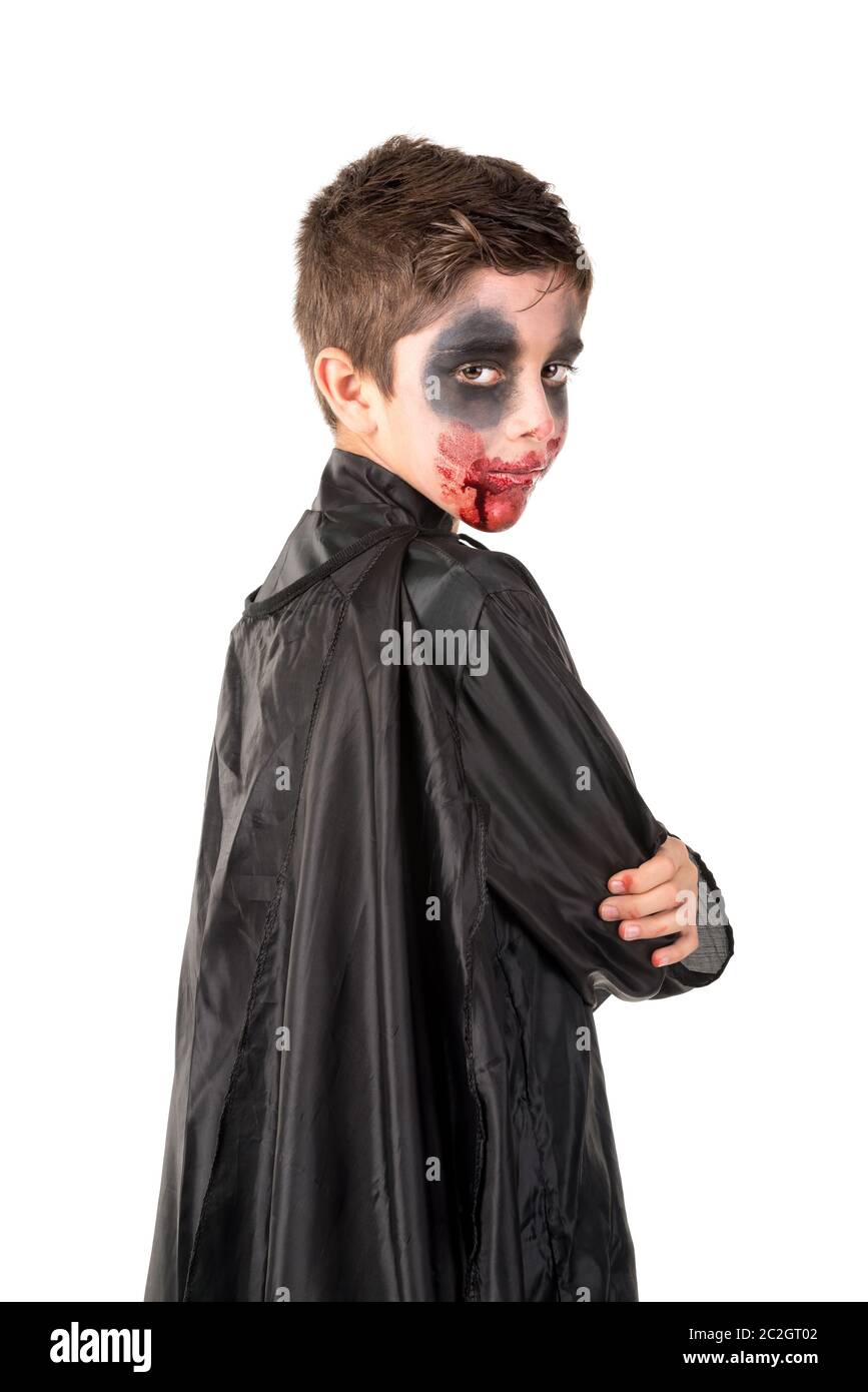 Boy with face-paint and vampire Halloween costume isolated in white Stock  Photo - Alamy