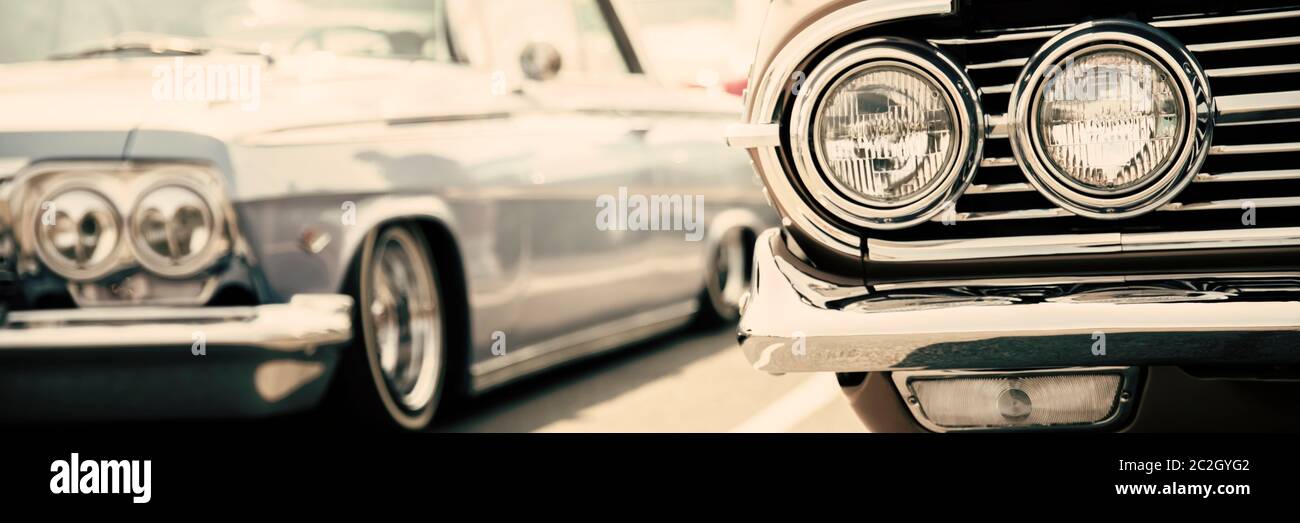 Old american car headlights close-up Stock Photo