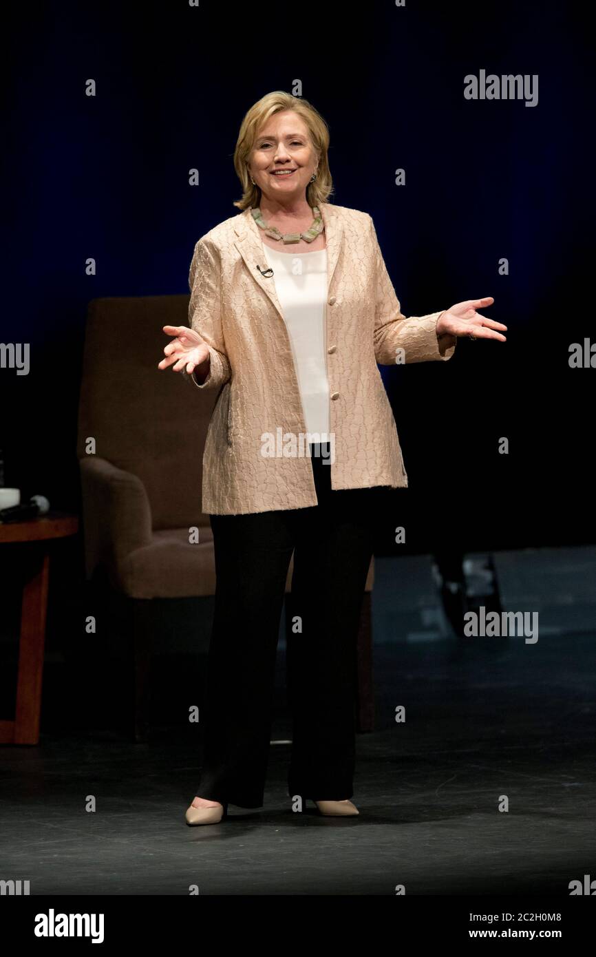 Austin Texas USA, June 20, 2014: Former First Lady, U.S. Senator and Secretary of State Hillary Rodham Clinton speaks about her experiences in public life to a sold-out crowd at a fundraiser in Austin. Clinton is in the midst of a nationwide book signing and speaking tour in advance of an expected presidential run in 2016.   ©Bob Daemmrich Stock Photo