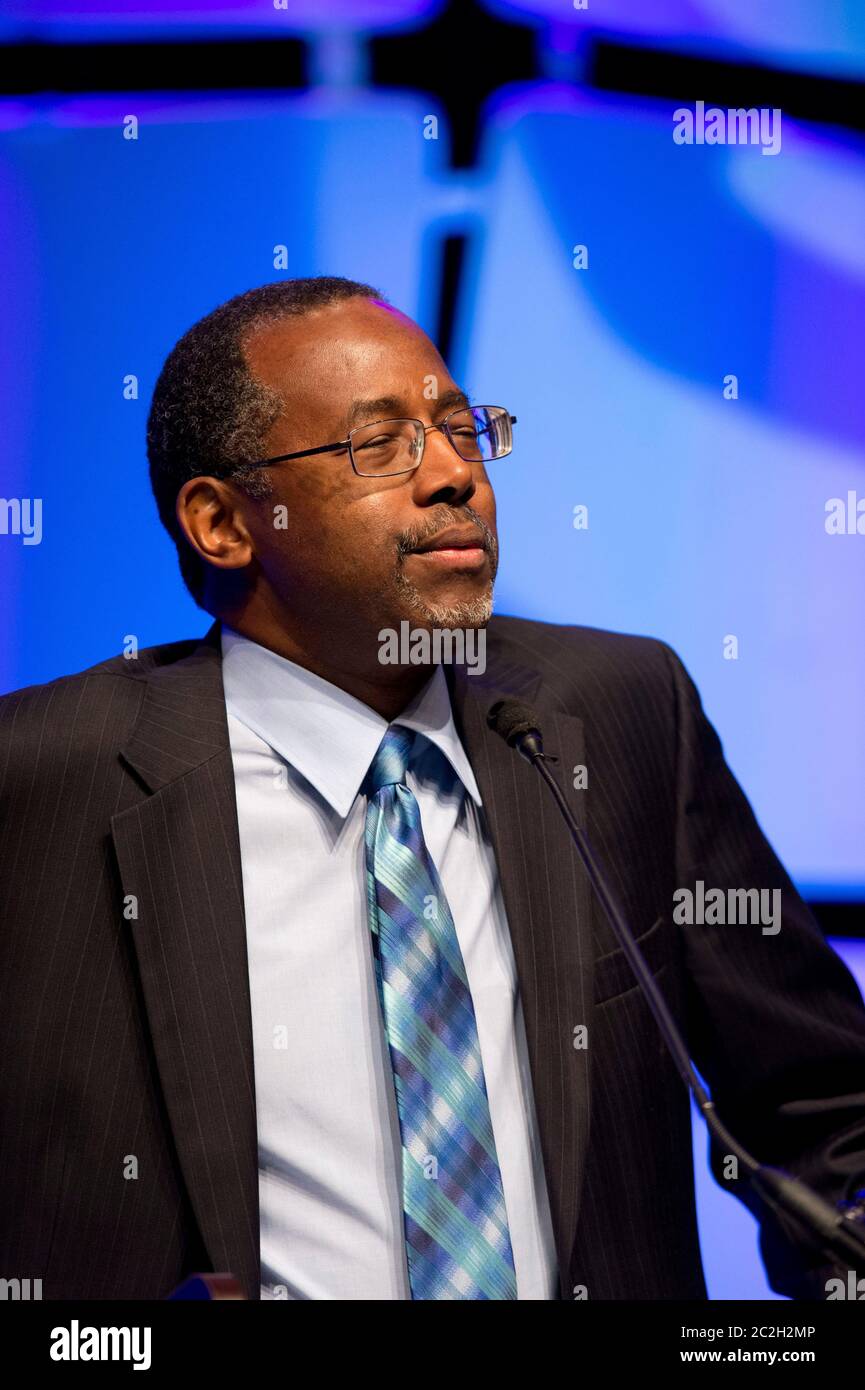 Austin, Texas USA, January 22, 2015: Dr. Ben Carson talks about what he says is a harsh political climate while speaking to a group of political conservatives. An accomplished surgeon and political neophyte, Carson is seriously considering a 2016 run for the Republican presidential nomination. ©Bob Daemmrich Stock Photo