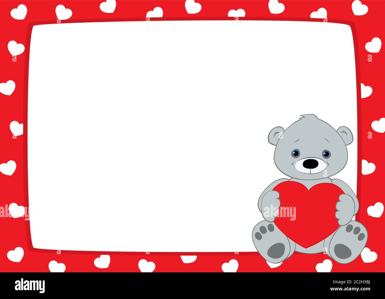 Vector Red Frame With White Hearts Pattern Grey Teddy Bear Sitting In The Lower Right Corner And Holding Red Heart Place For Text On White Stock Vector Image Art Alamy