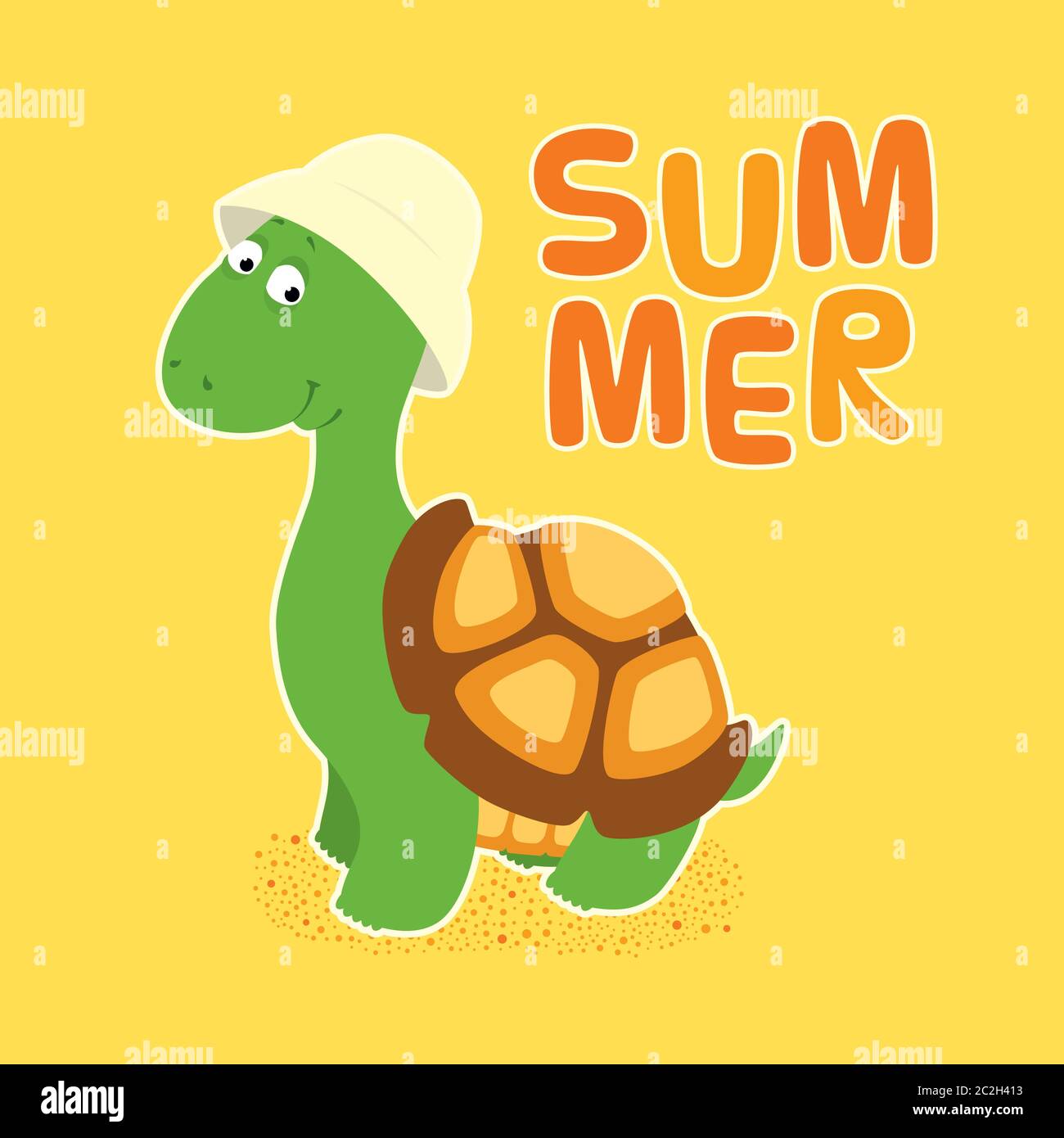 Vector colorful illustration in childish style. Cartoon cute little turtle in a creamy bucket hat standing, looking friendly and smiling. Stock Vector