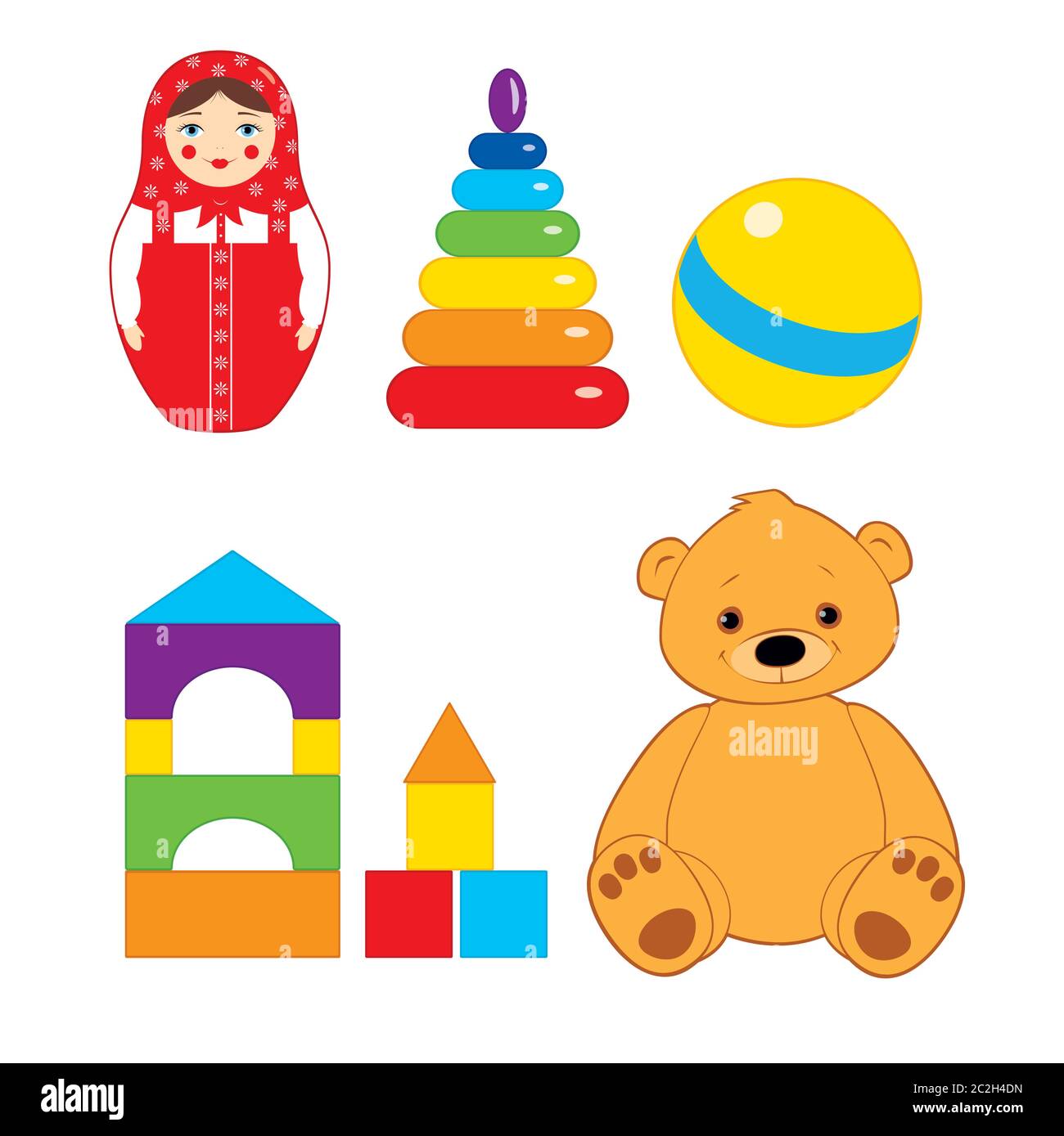 Set of vector colorful illustration of children toys: brown teddy bear, ball, blocks, russian nesting doll and stacking rings tower. Isolated on white Stock Vector
