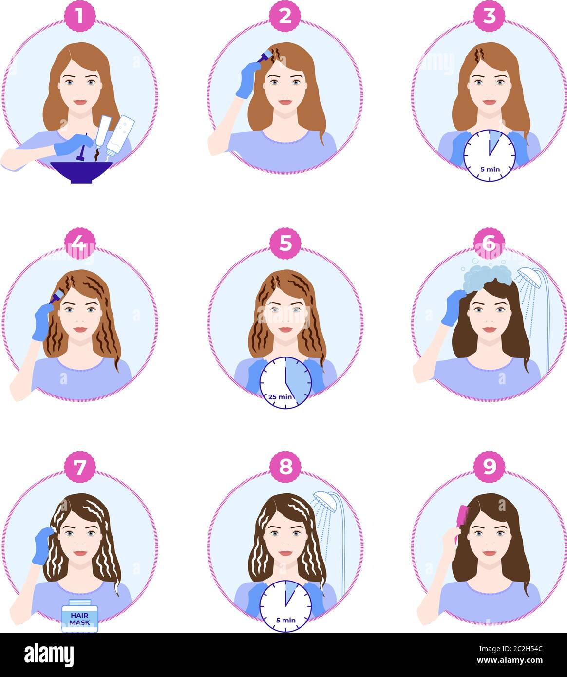 Hair dyeing icons set. How to dye hair at home tutorial Stock Vector Image  & Art - Alamy