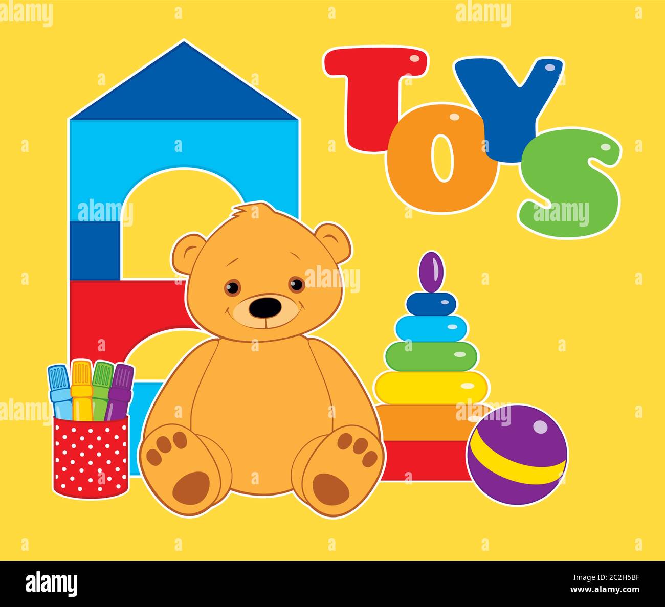 Premium Photo | Toys for kids and play time a soft funny teddy bear copy  space for text pyramid with colored rings and ball toys for sand