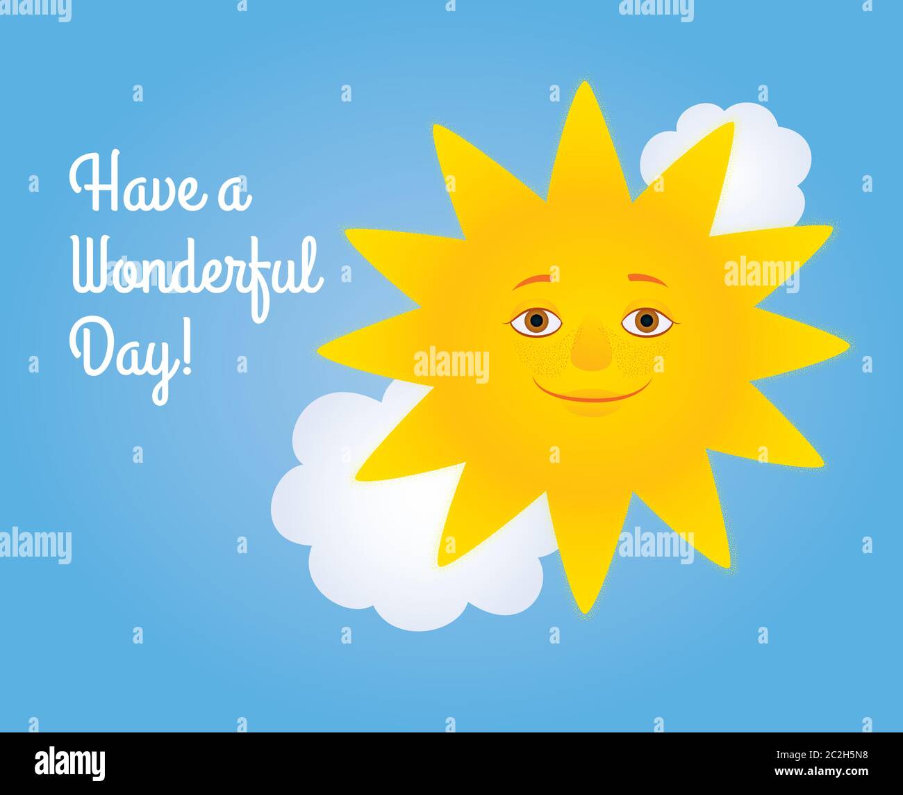 Vector cartoon illustration of a smiling sun and white clouds in a blue sky. Greeting text 'Have a wonderful day'. Horizontal format, cursive font. Stock Vector