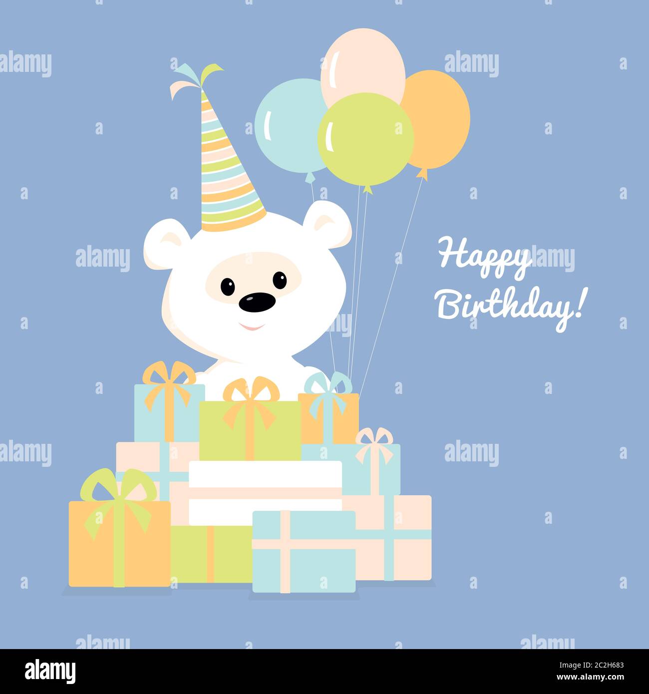 Vector illustration of a cute cartoon white teddy bear with birthday hat and balloons standing behind a big pile of presents. Greeting card Happy Birt Stock Vector Image Art Alamy