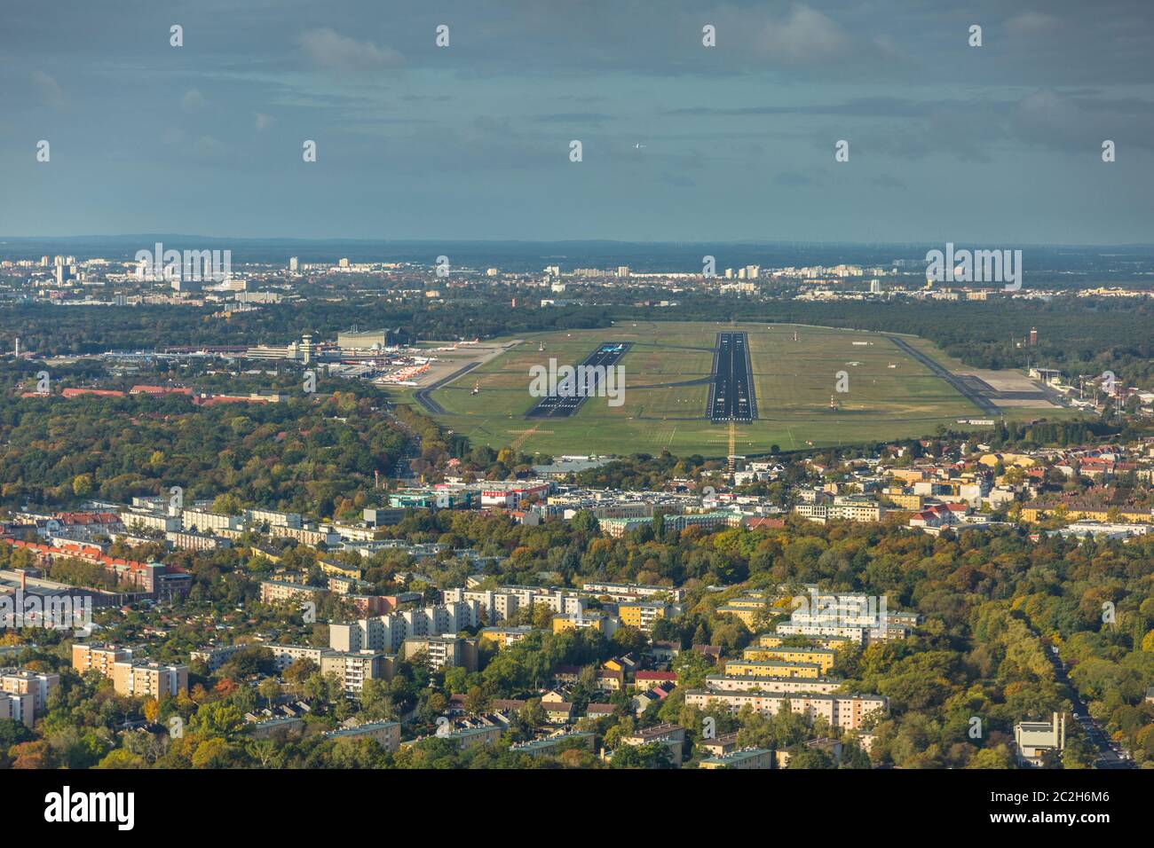 Berin, Germany,  Landscape around Berlin Tegel International Airport, Germany, Pilots view during approach into runway 26R  Tegel Airport - EDDT, TXL - aerial view Stock Photo