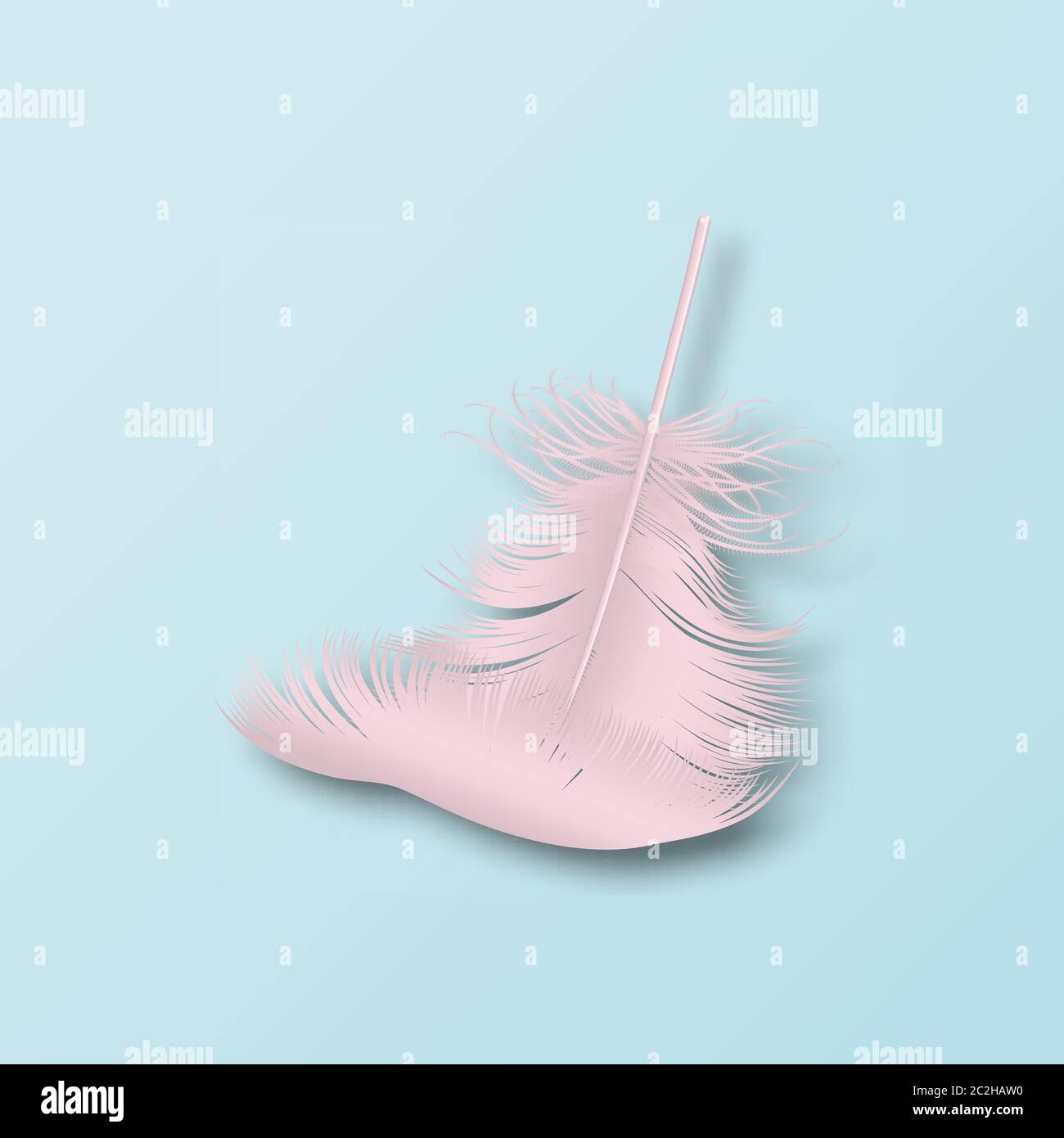 Vector 3d Realistic Falling Pink Fluffy Twirled Flamingo Feather Icon Closeup Isolated on Blue Background. Design Template, Clipart of Angel or Bird Stock Vector