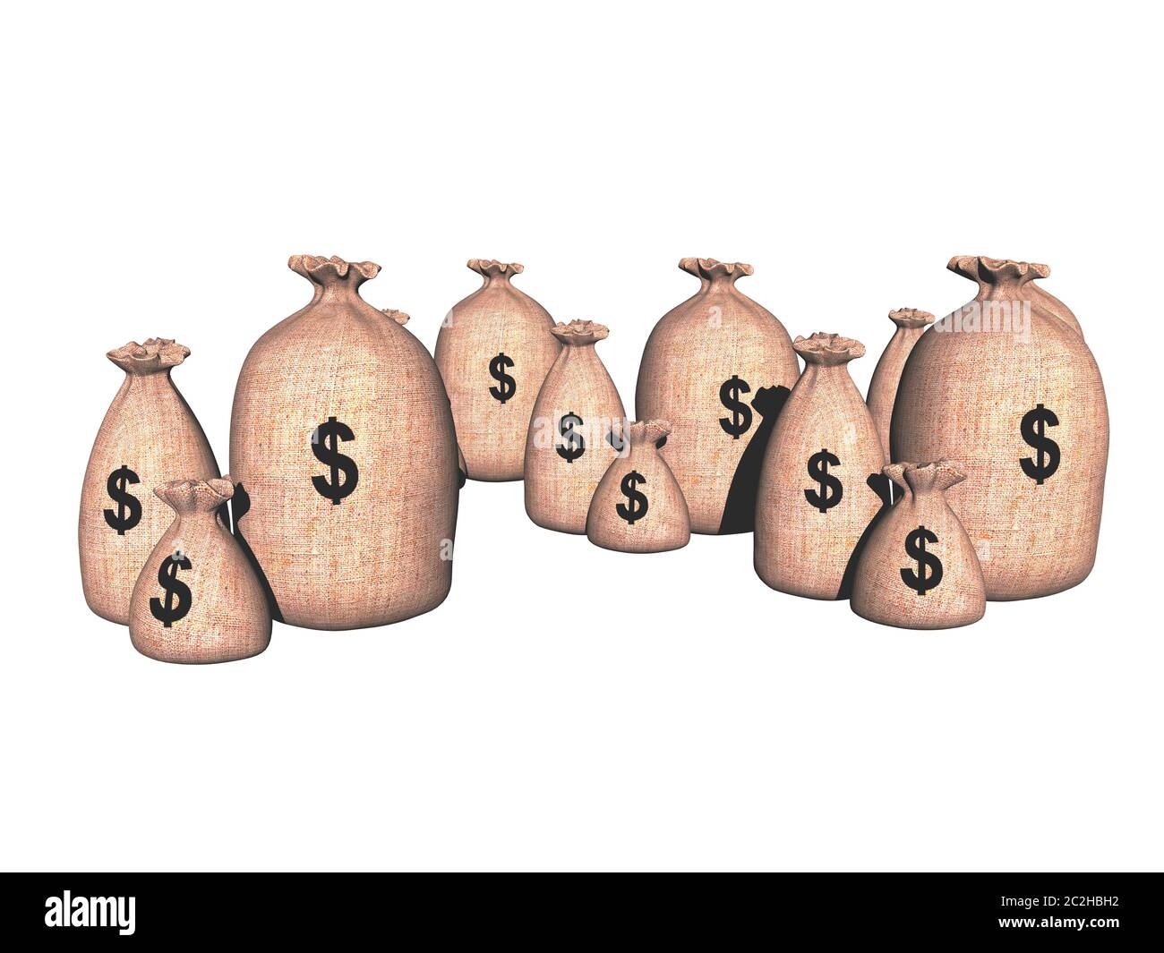 Money bags made of jute in different currencies Stock Photo