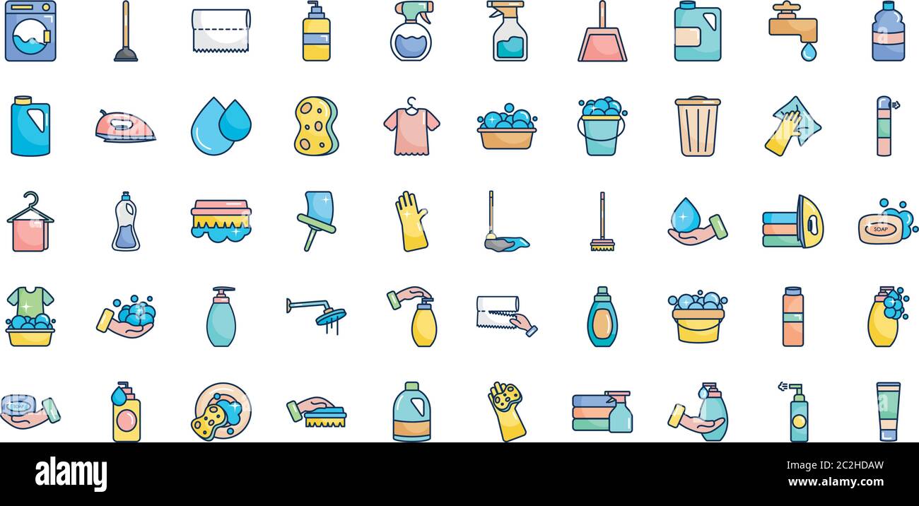cleaning tools icon set over white background, line fill style, vector ...
