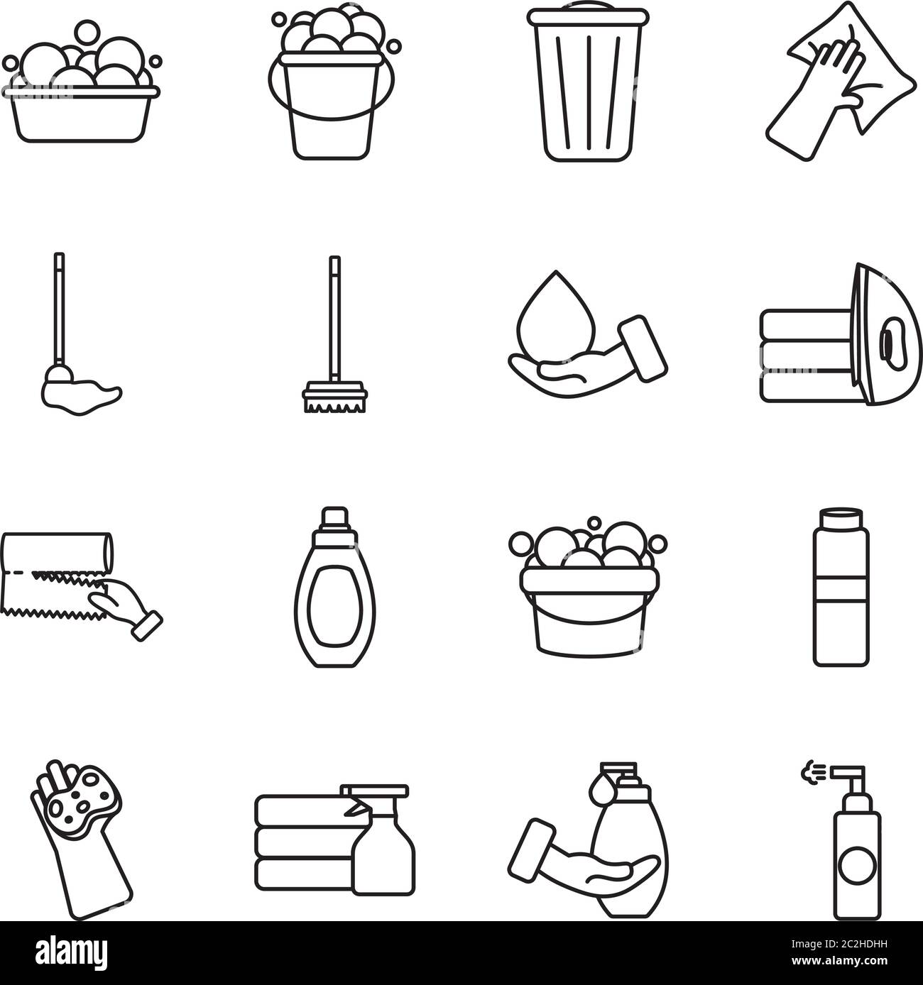 buckets and cleaning products icon set over white background, line ...