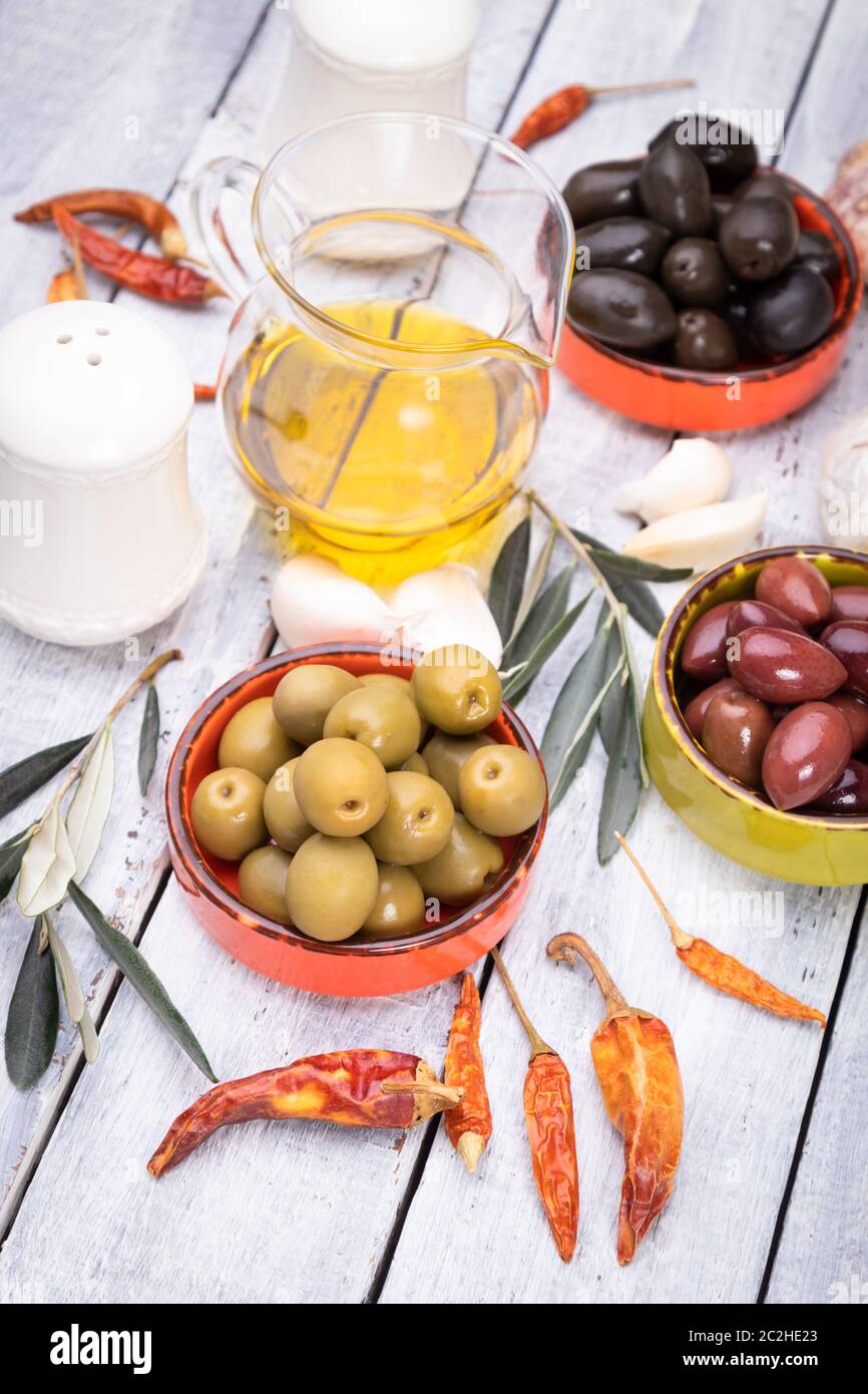 Pickled olives ready to eat, healthy food used in mediterranean