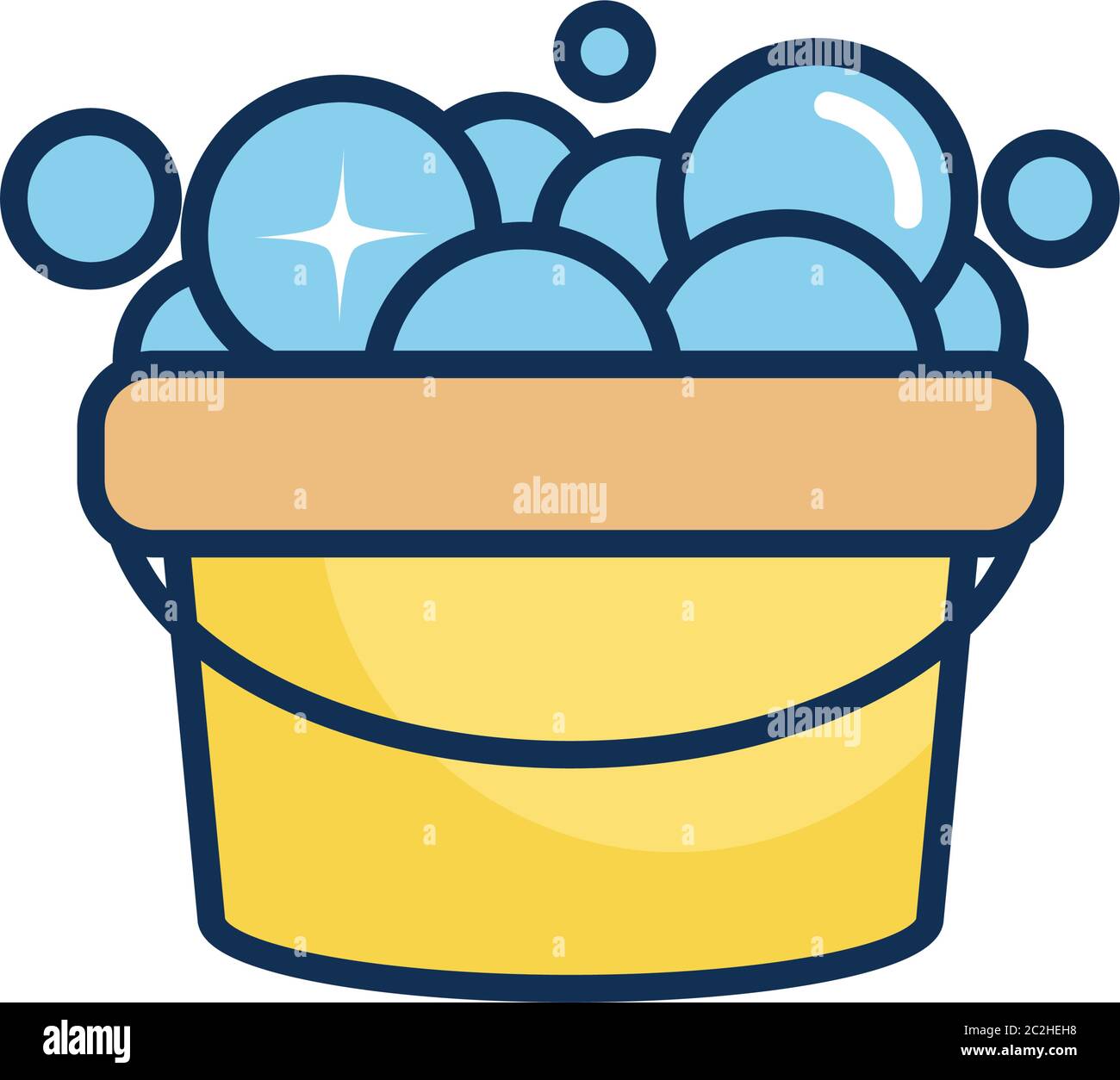 cleaning bucket with soapy water over white background, line fill style