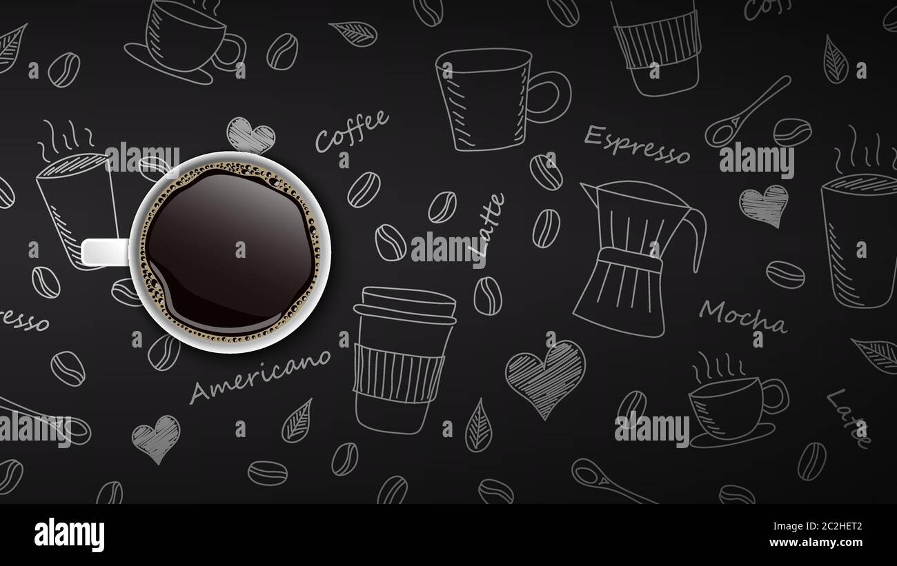 Coffee cup on hand drawn doodle coffee background, vector illustration Stock Vector