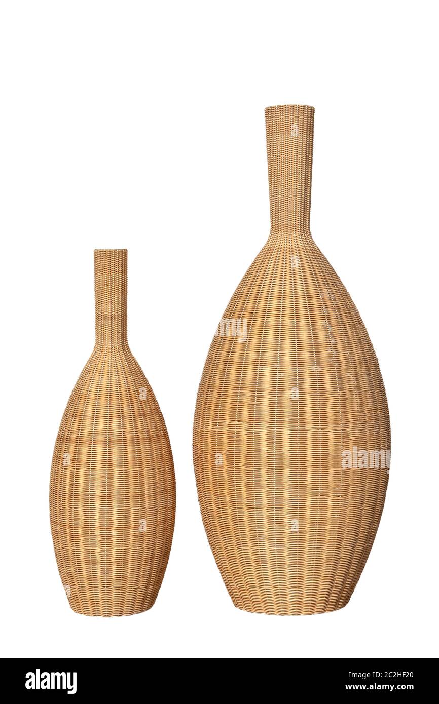 Decoration elements isolated. Close-up of two large empty wicker basket vases isolated on a white background. Stock Photo