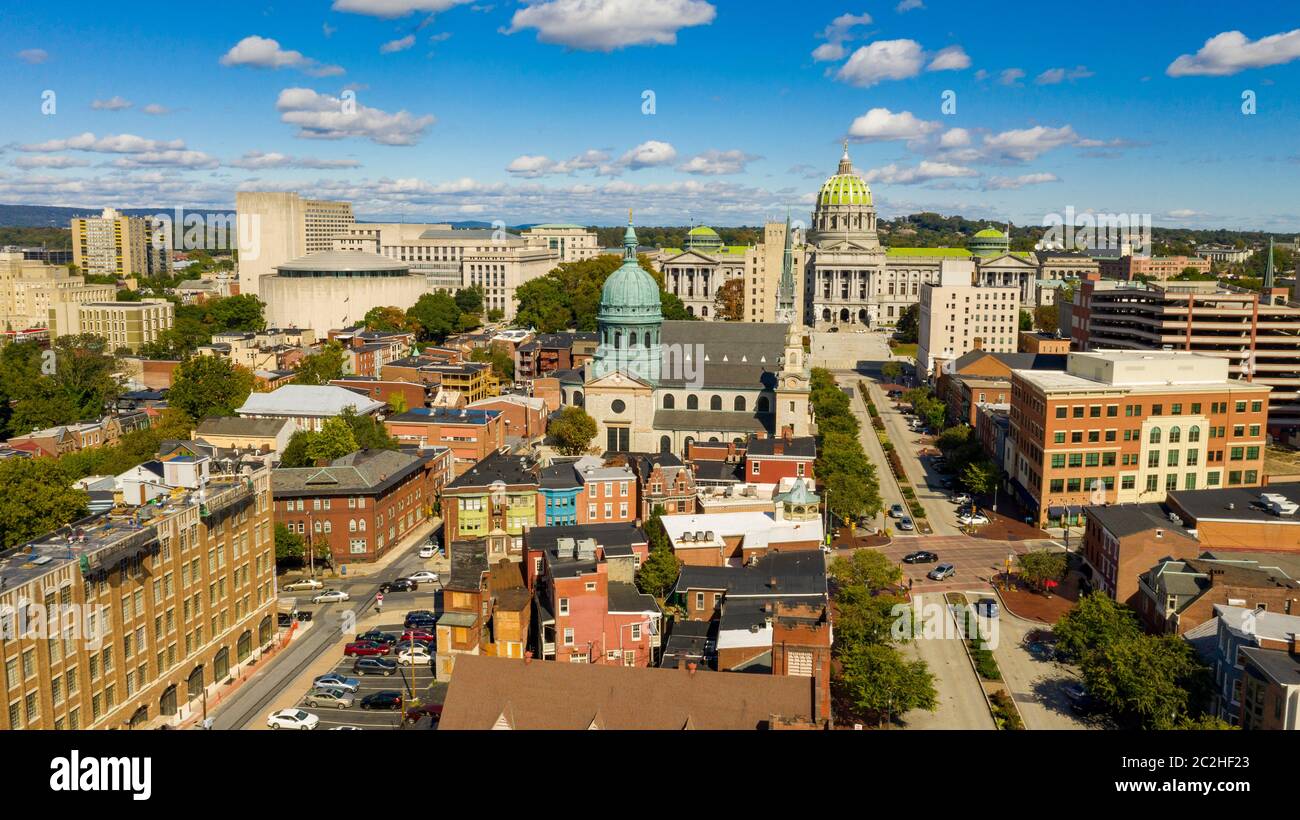 Early Morning light hits the buildings and downtown city center area in Pennsylvania state capital at Harrisburg Stock Photo