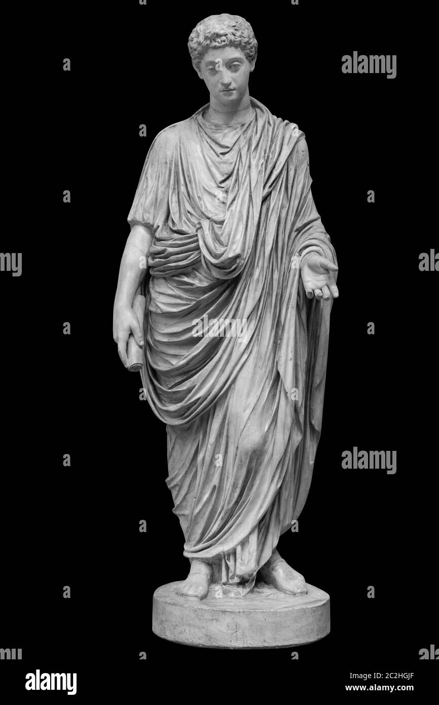 Young roman emperor Commodus statue isolated over black background. Lucius Aurelius Commodus reign is commonly considered to mar Stock Photo