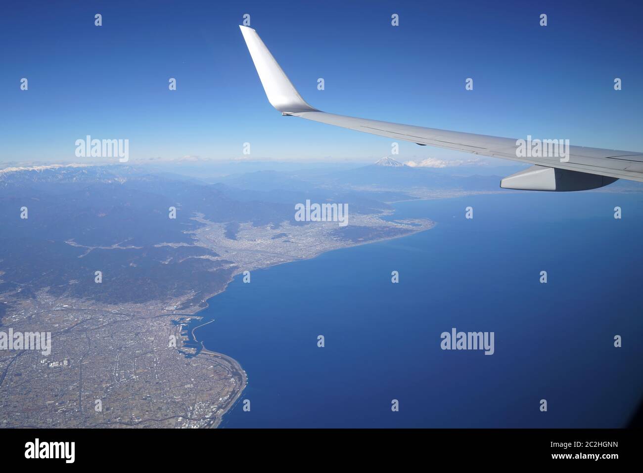 view of wing of air plane and fuji mountain, Shizuoka, Surugawan, Japan Stock Photo