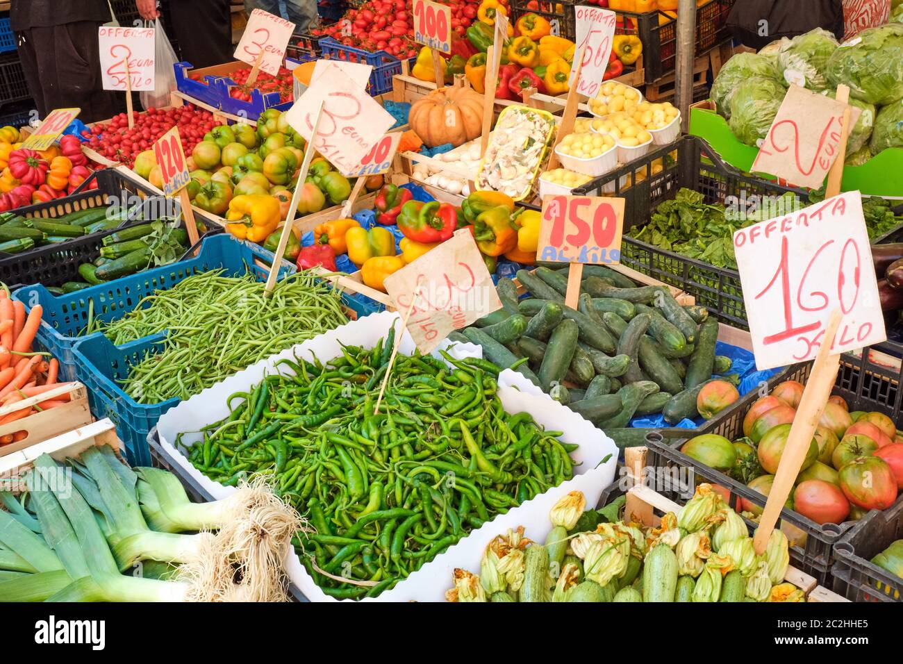Great choice of fresh vegetables for sale at a market in Naples, Italy